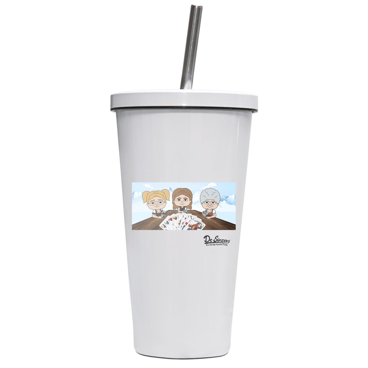 De Sinzers Buam Schafkopfspiel Edelstahl Trinkbecher mit Strohhalm 480ml Weiss Krottenkopf Front