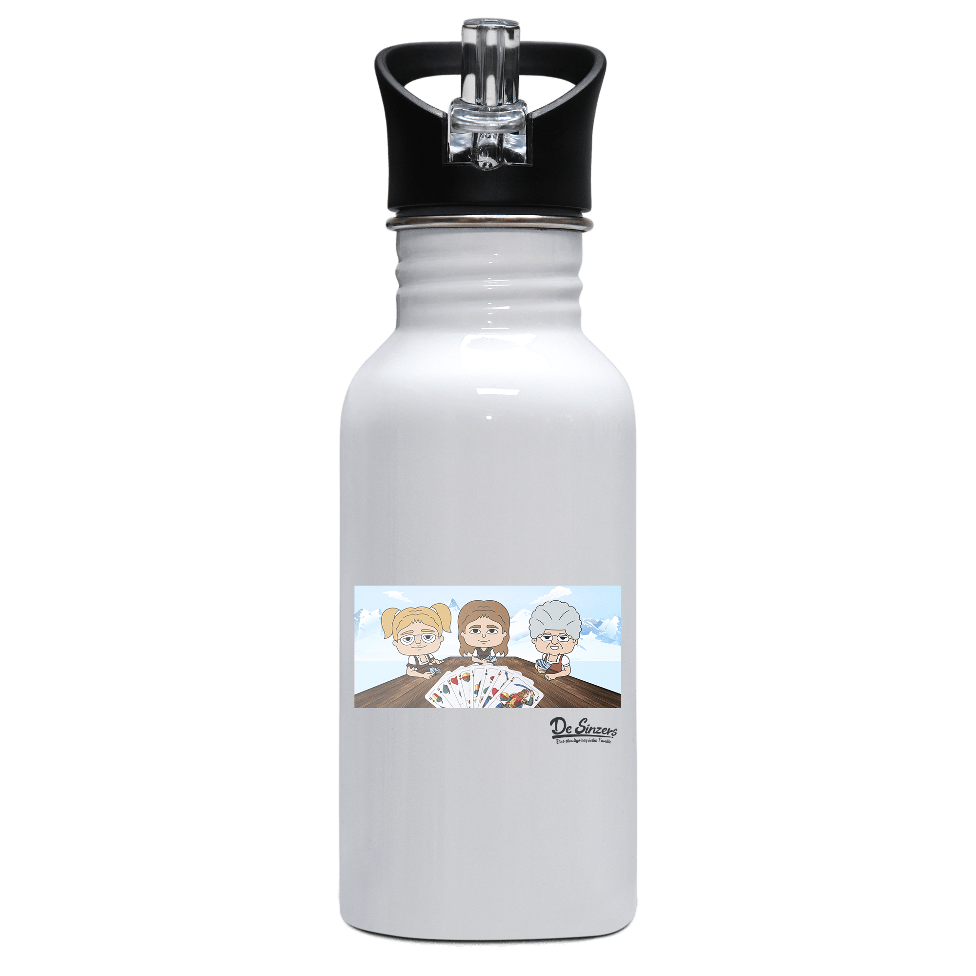 De Sinzers Buam Schafkopfspiel Edelstahl Trinkflasche mit klappbarem Mundstueck 500ml Weiss Rotwand Front