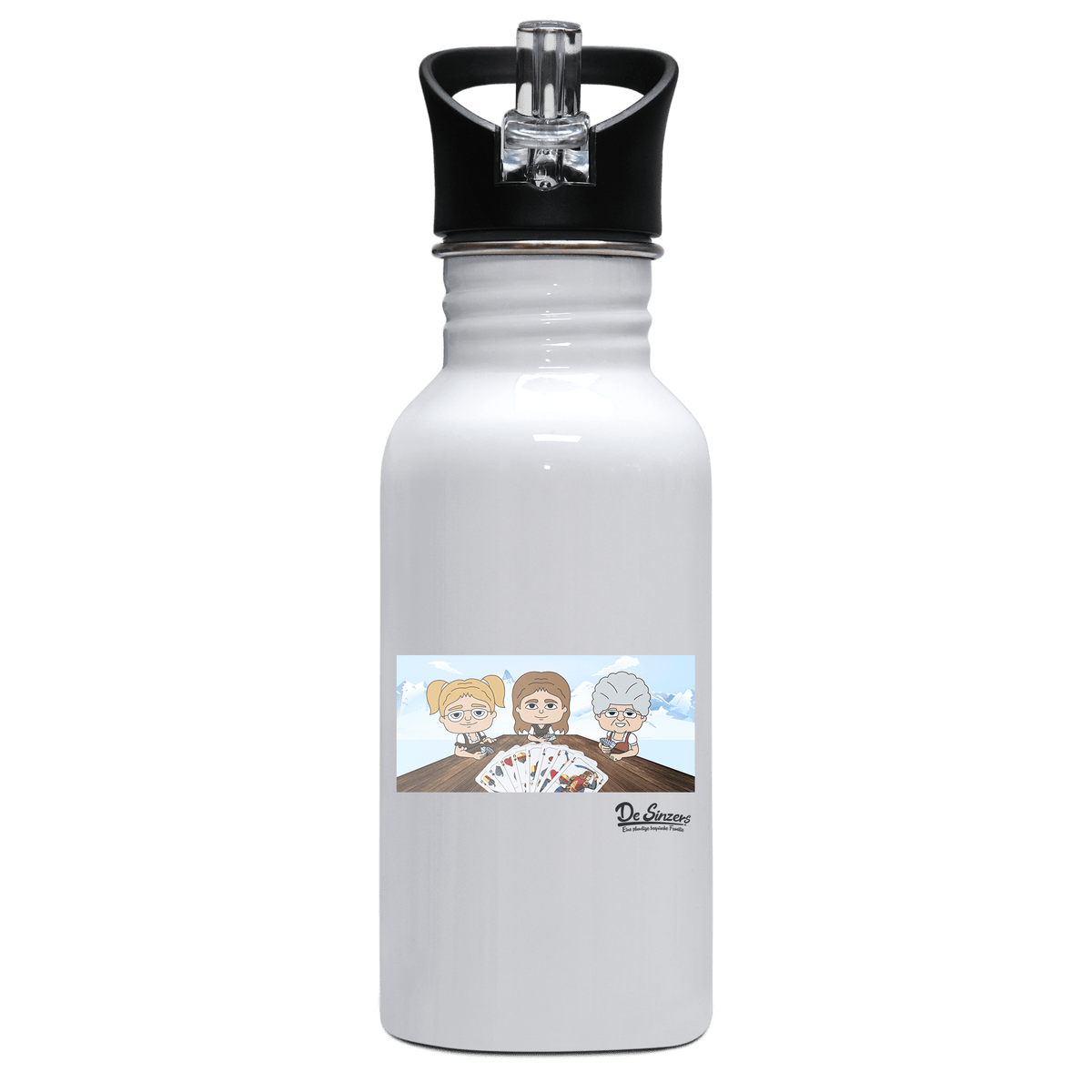 De Sinzers Buam Schafkopfspiel Edelstahl Trinkflasche mit klappbarem Mundstueck 500ml Weiss Rotwand Front