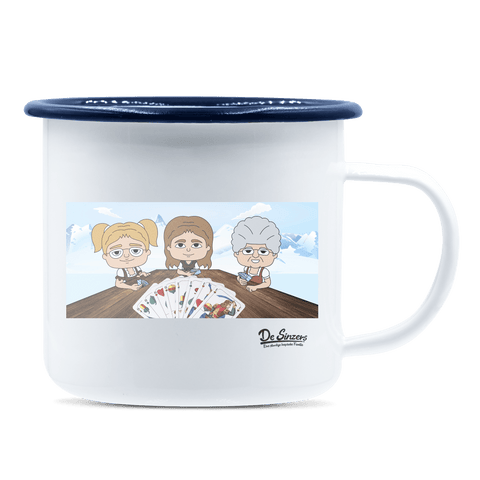 De Sinzers Buam Schafkopfspiel Emaille Tasse 375ml Weiss Blau Heuberg Front