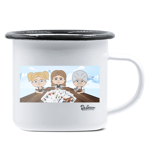 De Sinzers Buam Schafkopfspiel Emaille Tasse 375ml Weiss Schwarz Hochries Front