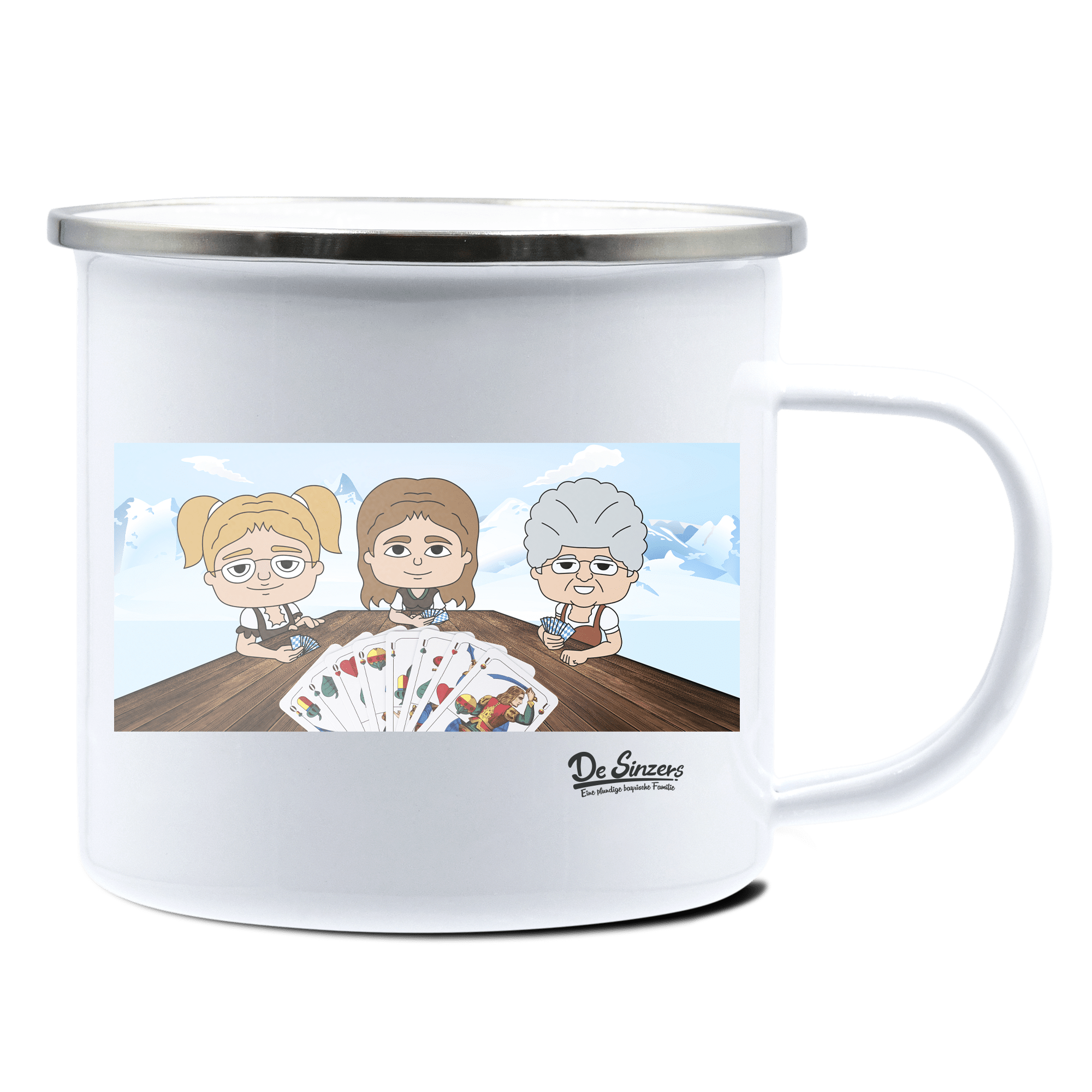 De Sinzers Buam Schafkopfspiel Emaille Tasse 375ml Weiss Silber Kampenwand Front