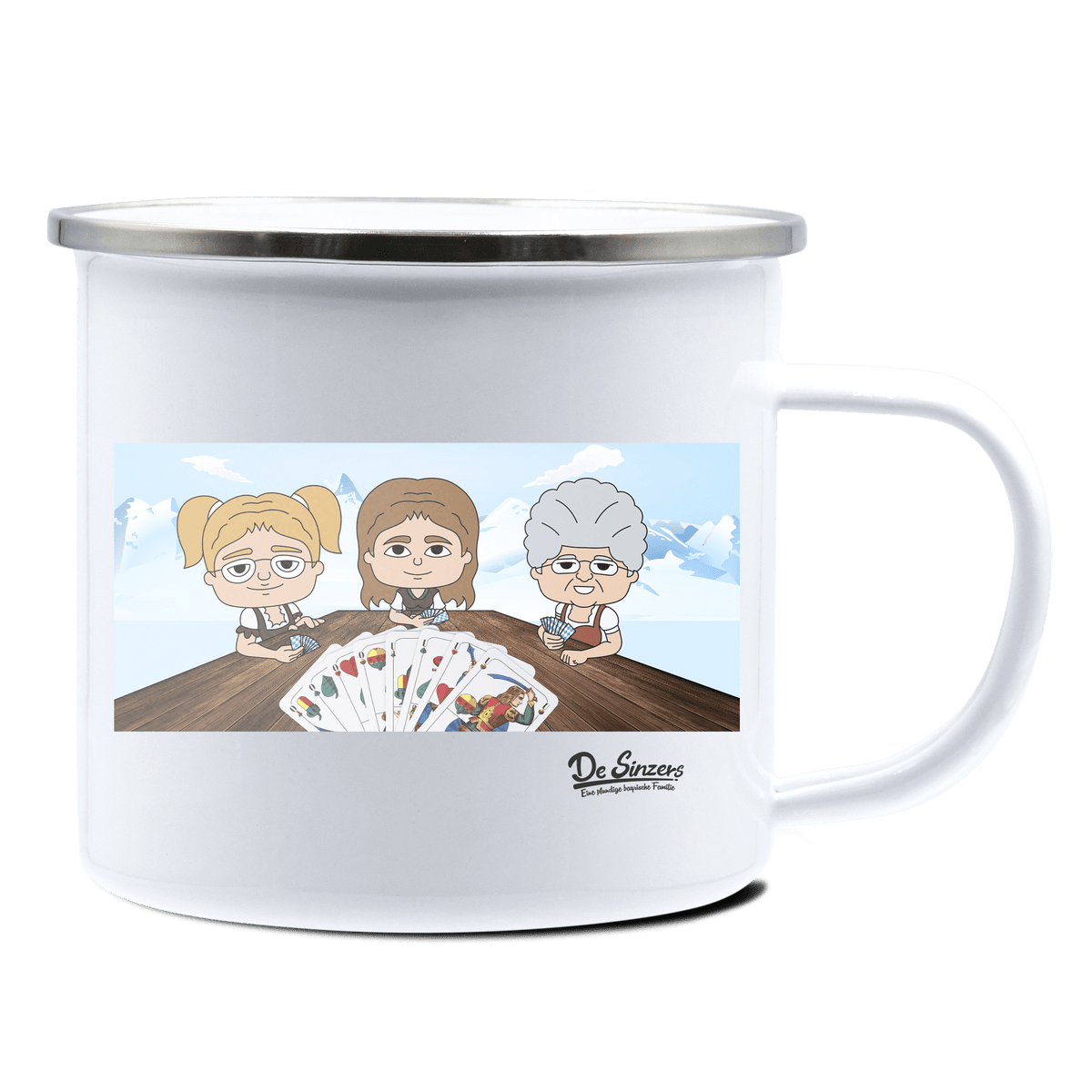 De Sinzers Buam Schafkopfspiel Emaille Tasse 375ml Weiss Silber Kampenwand Front