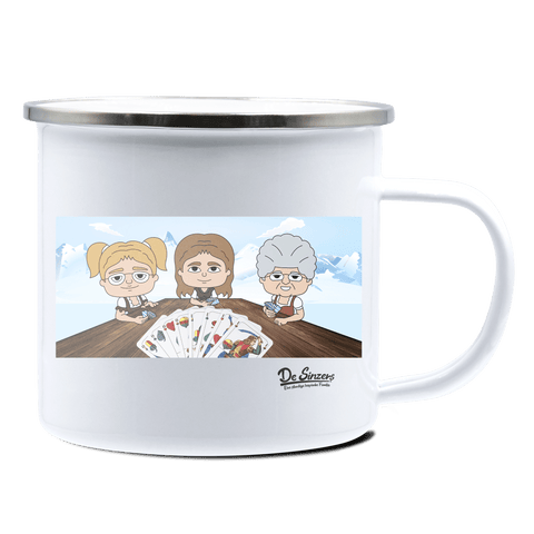 De Sinzers Buam Schafkopfspiel Emaille Tasse 375ml Weiss Silber Kampenwand Front