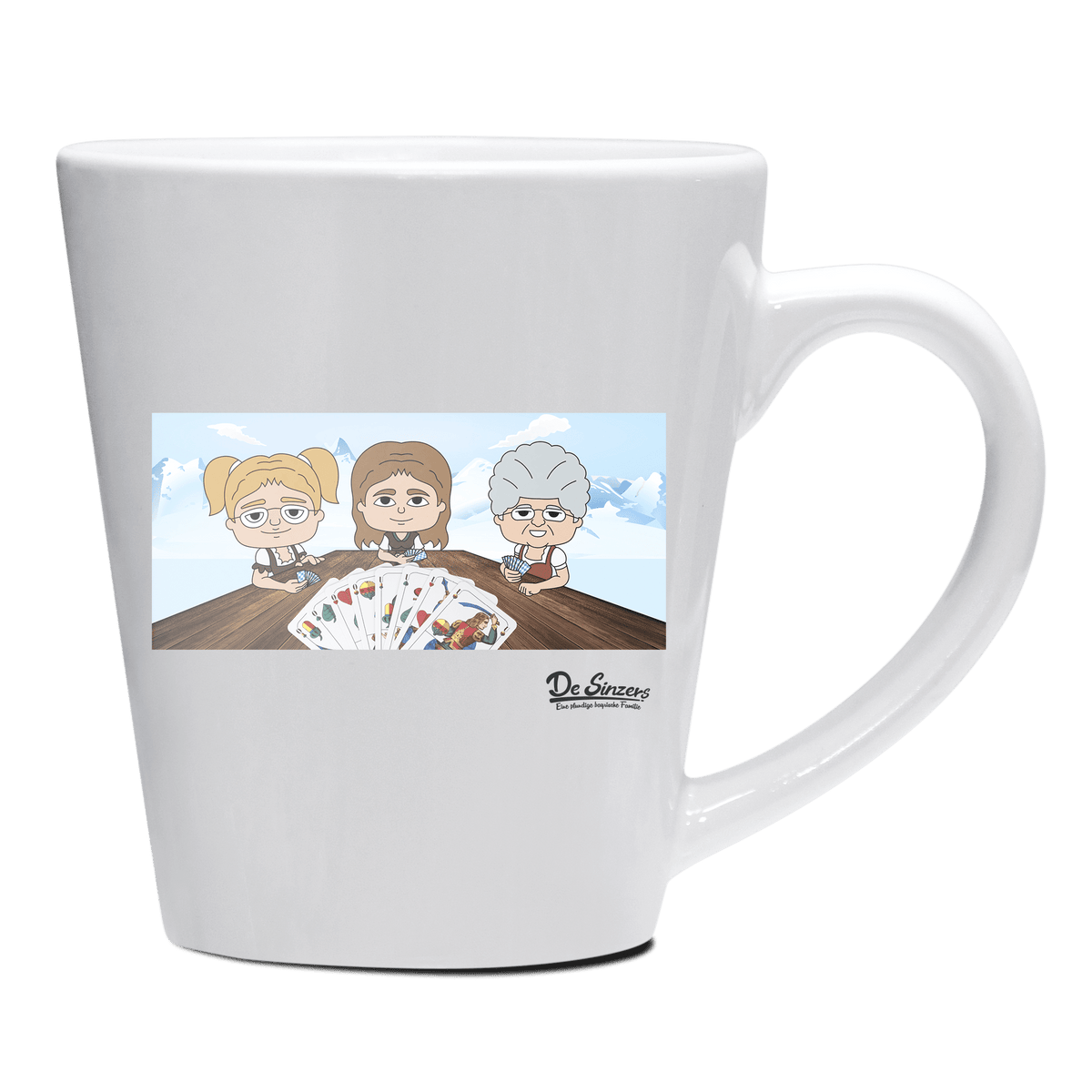 De Sinzer Buam Schafkopfspiel Keramik Kaffeetasse 200ml Weiss Herzogstand Front