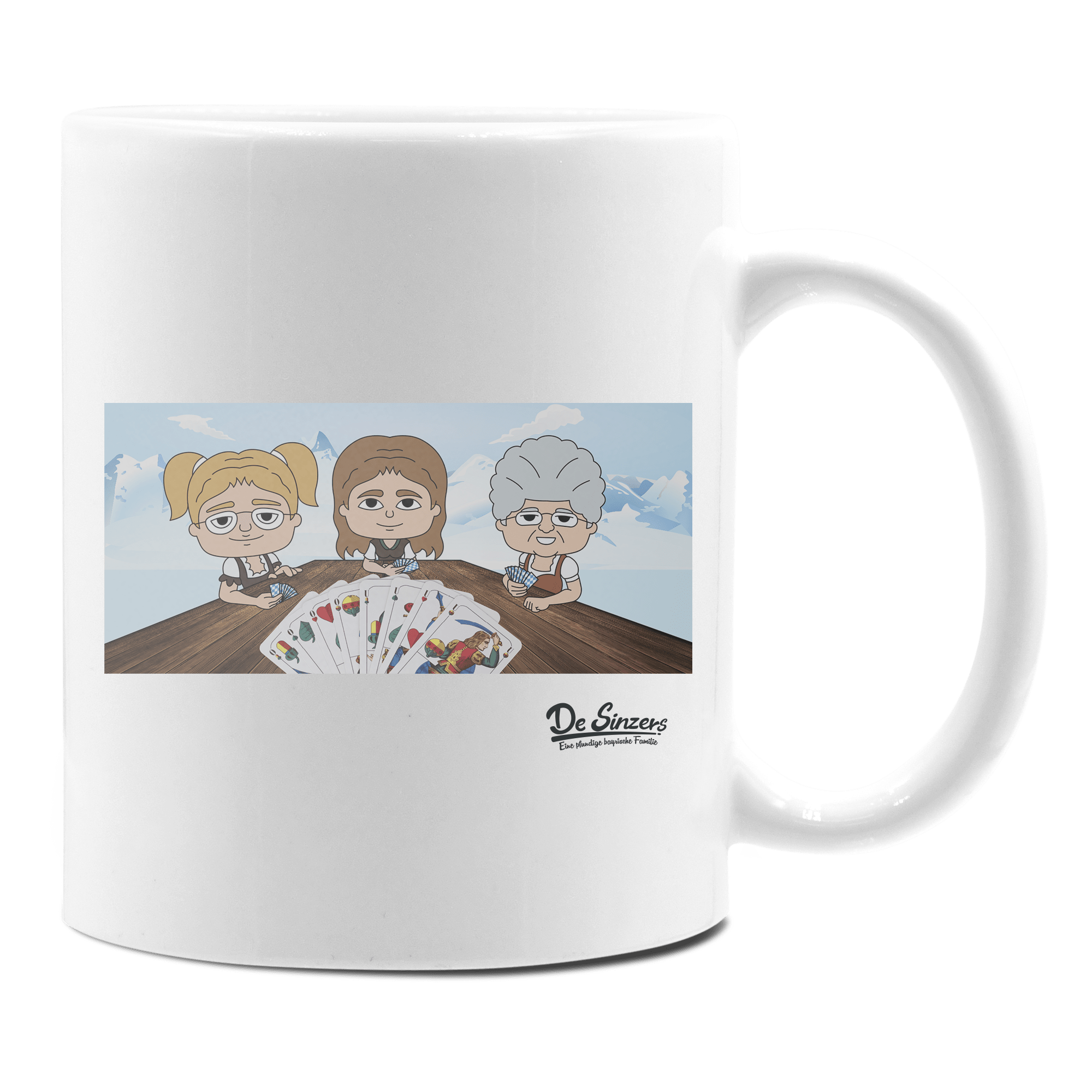 De Sinzers Buam Schafkopfspiel Keramik Kaffeetasse 330ml Weiss Rampoldplatte Front