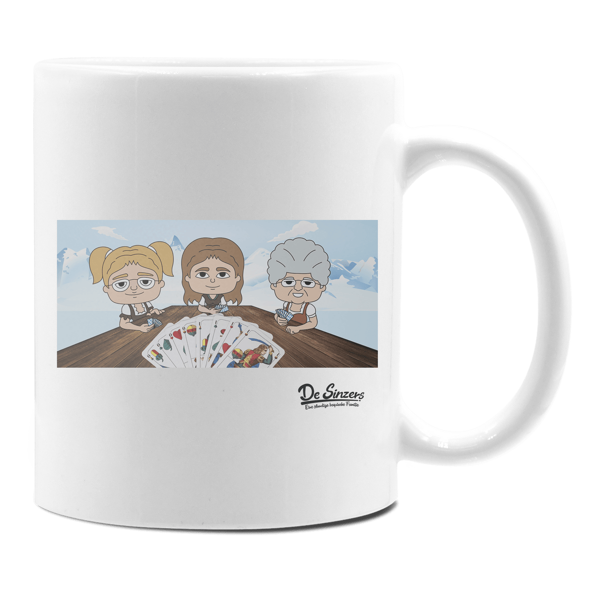 De Sinzers Buam Schafkopfspiel Keramik Kaffeetasse 330ml Weiss Rampoldplatte Front