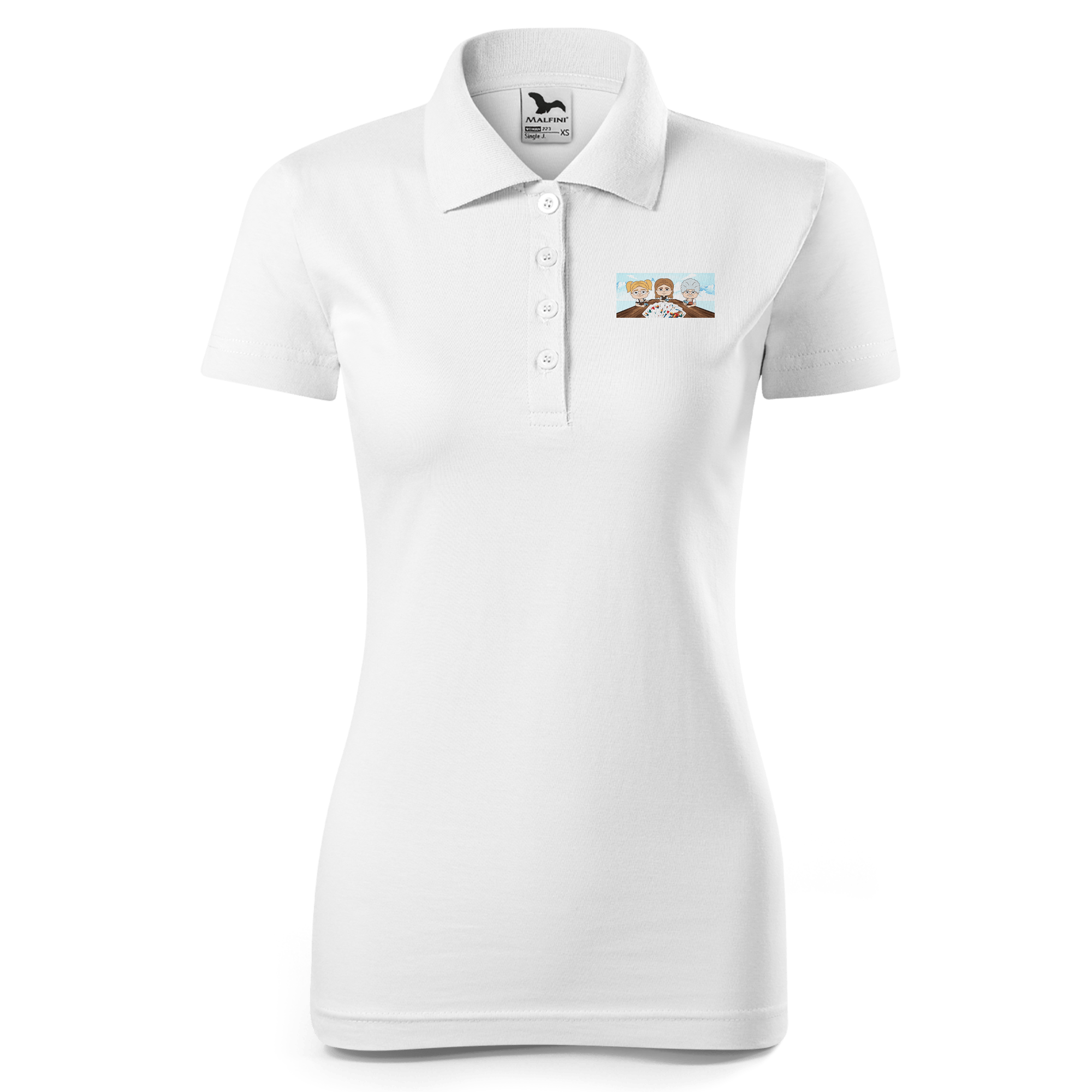 De Sinzers Buam Schafkopfspiel Polo Shirt Damen Weiss Simser Weg Front