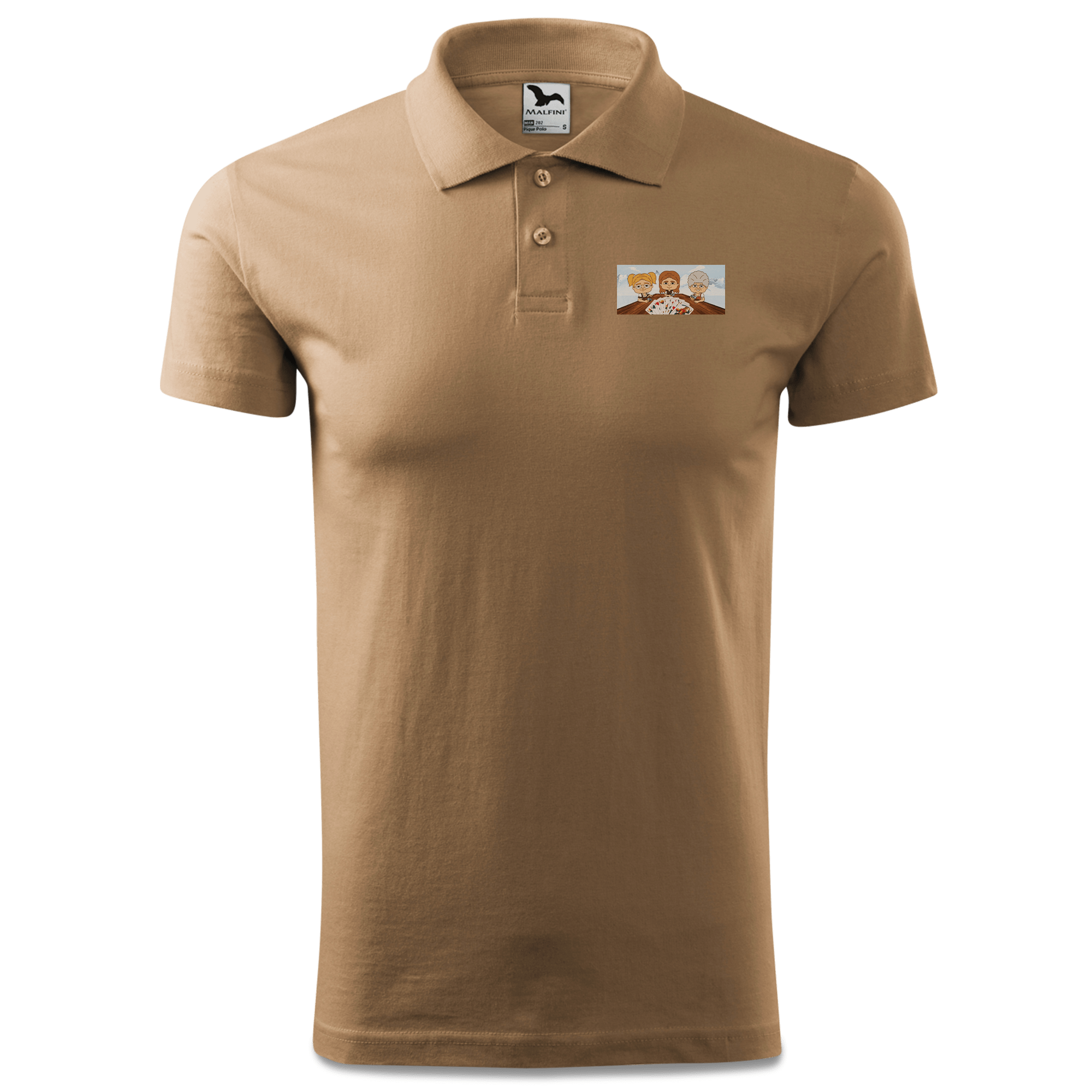 De Sinzers Buam Schafkopfspiel Polo Shirt Herren Sand Leonhardspfunzen Front