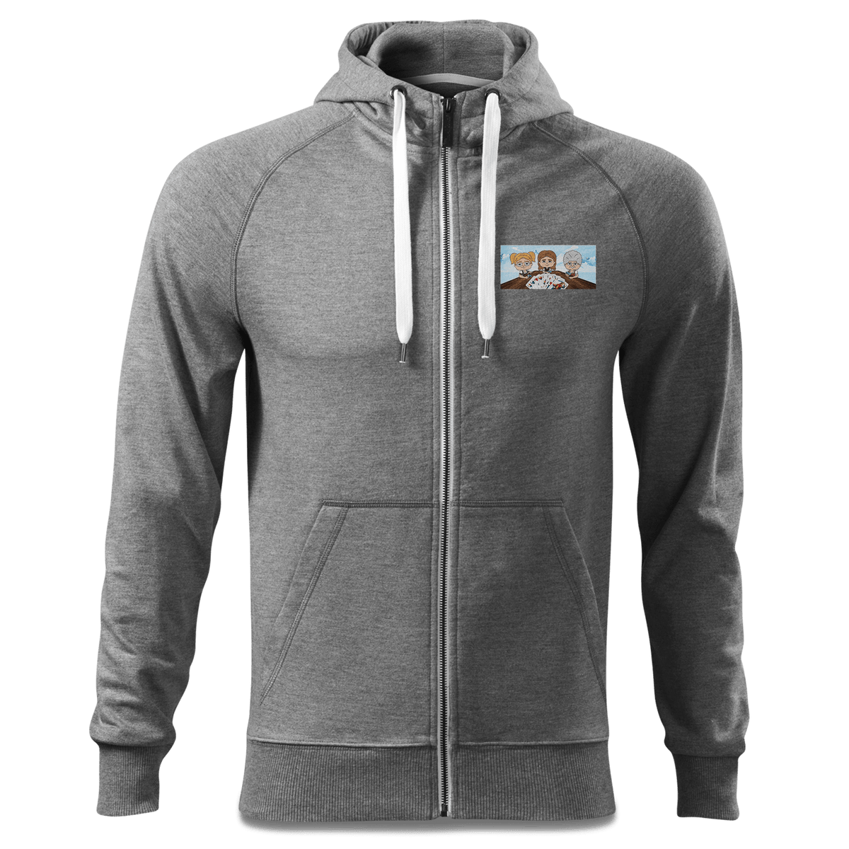 De Sinzer Buam Schafkopfspiel Sweatshirt Zip Hoody Herren Grau Meliert Lauterbacherfilze Front