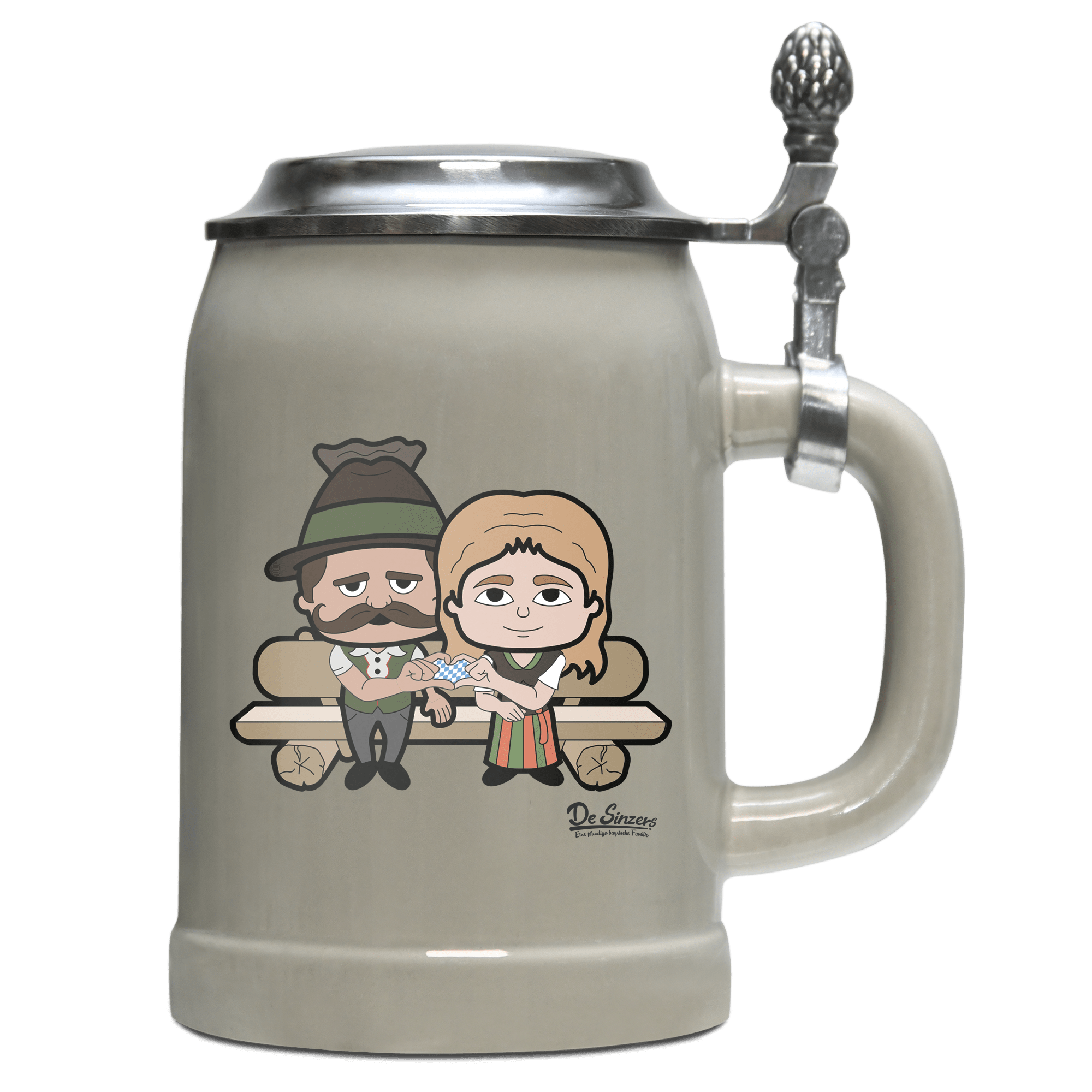 De Sinzers Paar Gartenbank Bierkrug 500ml Grau mit Deckel Hocheck Front