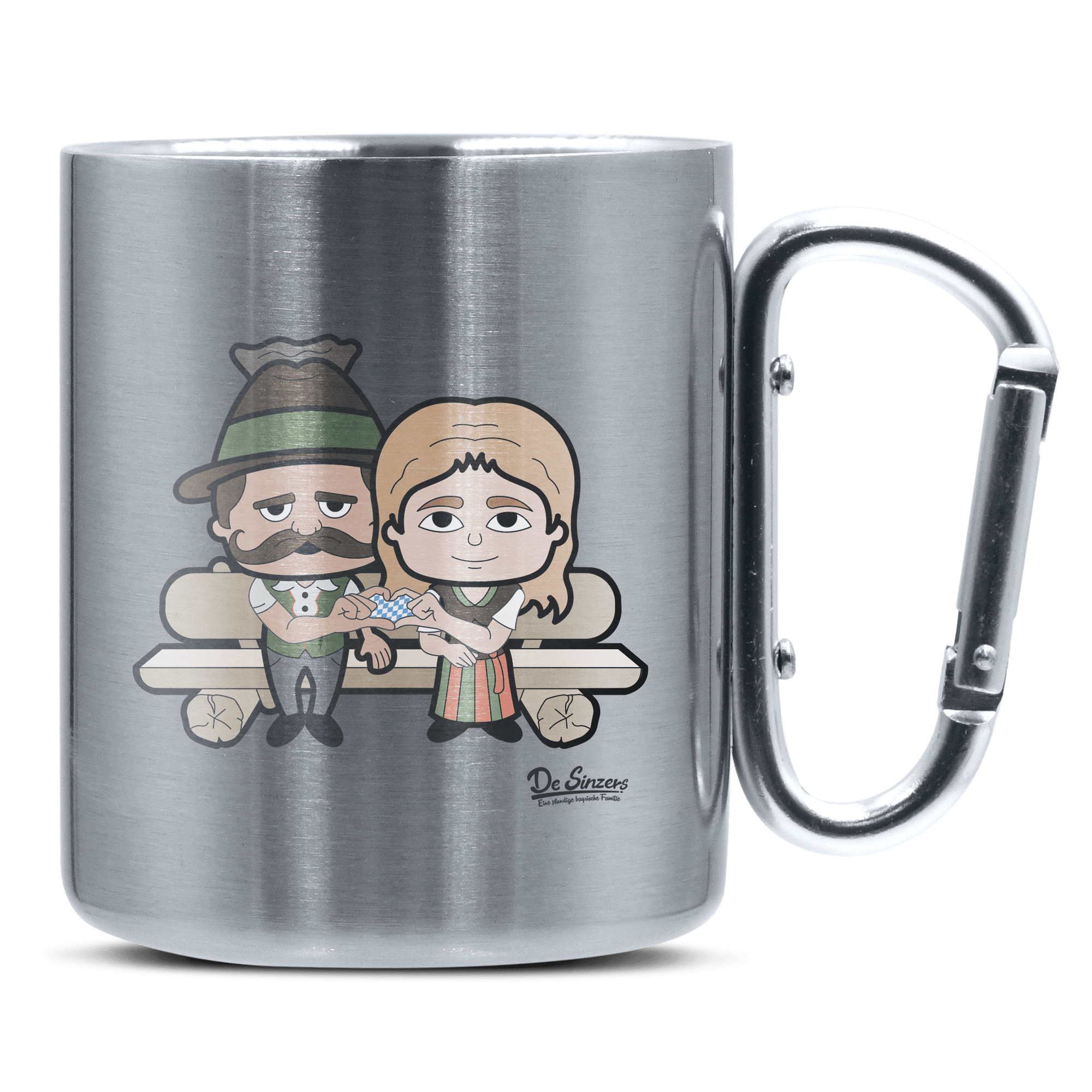 De Sinzers Paar Gartenbank Edelstahl Kaffeetasse silberer Karabiner 320ml Grosser Traithen Front