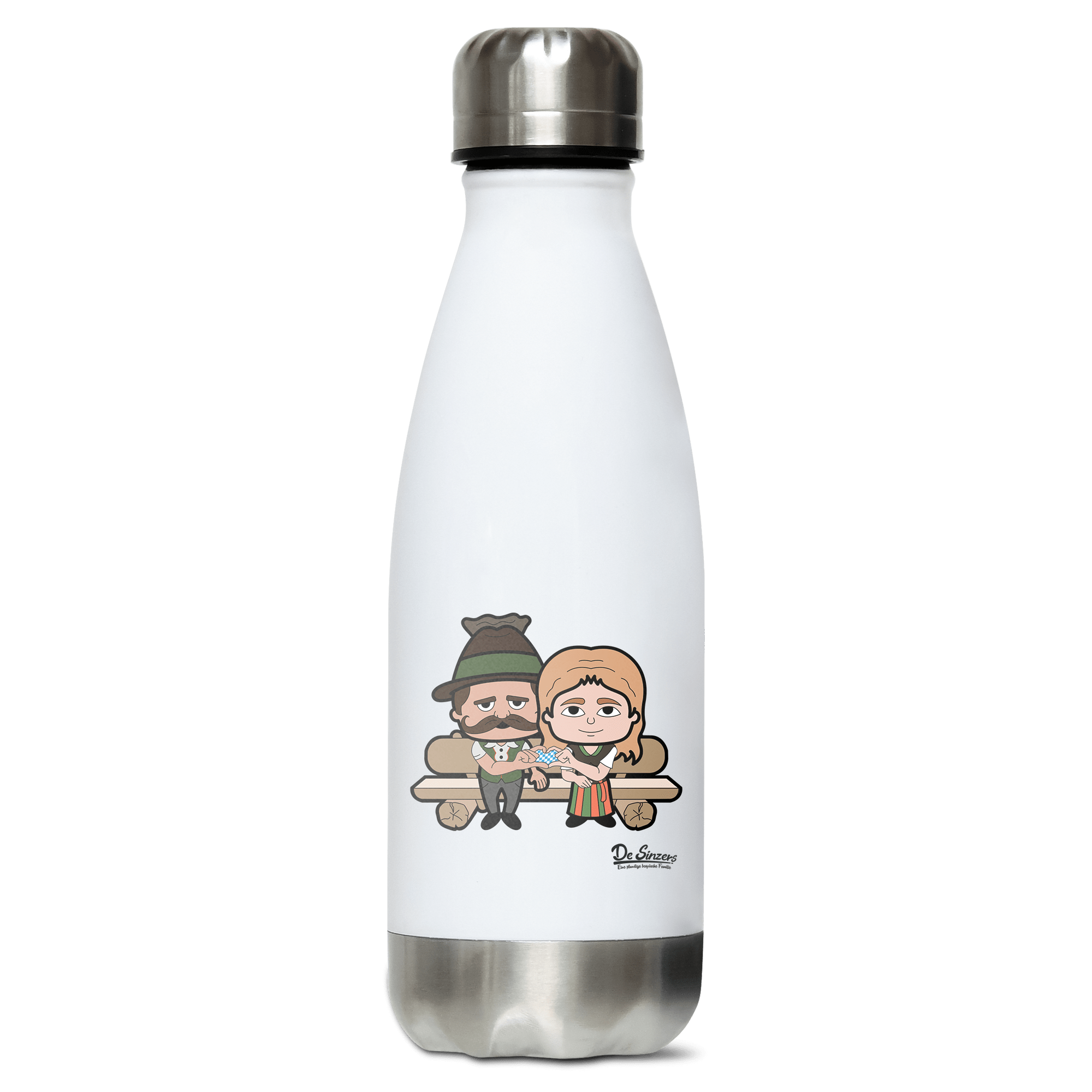 De Sinzers Paar Gartenbank Edelstahl Thermoflasche 350ml Weiss Silber Kreuzspitze Front
