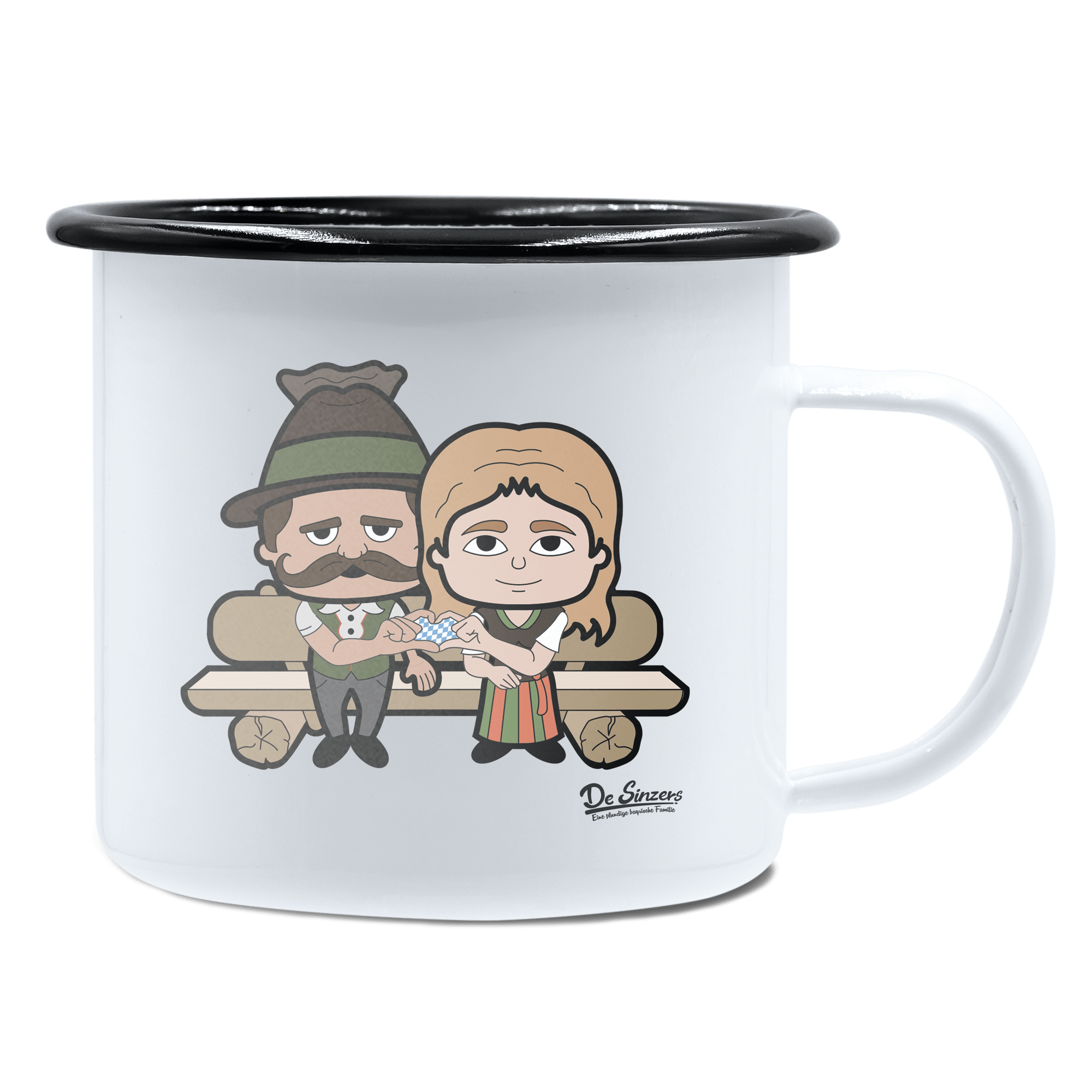 De Sinzers Paar Gartenbank Emaille Tasse 450ml Weiss Schwarz Spitzstein Front