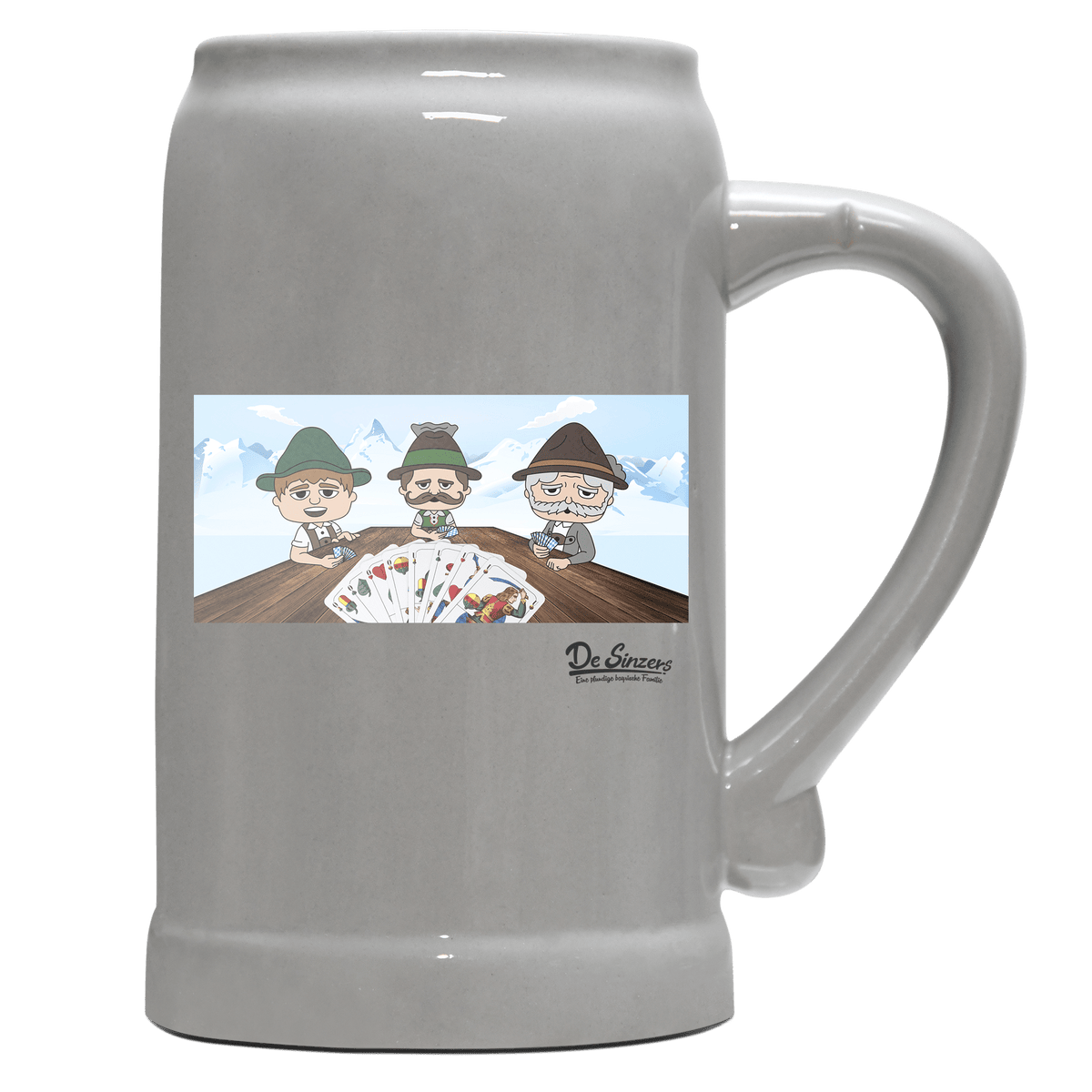 De Sinzers Weiber Schafkopfspiel Bierkrug 1000ml Grau Zugspitze Front