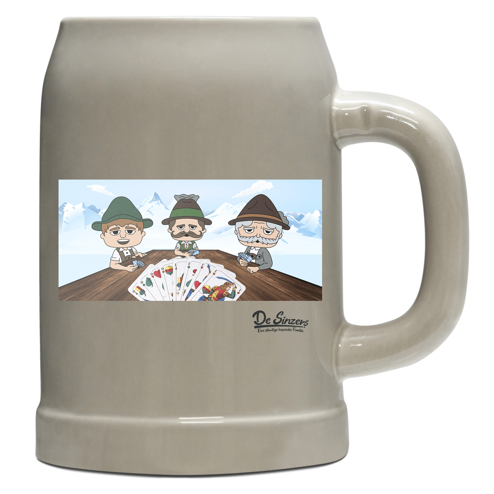 De Sinzers Weiber Schafkopfspiel Bierkrug 500ml Grau Watzmann Front
