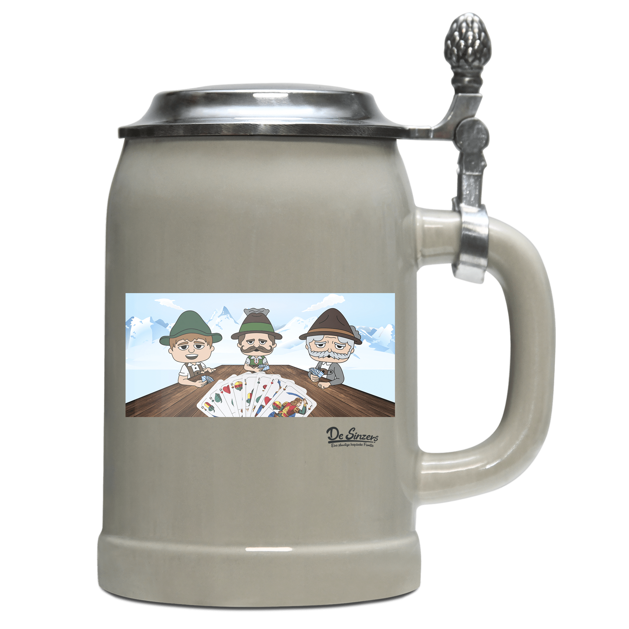 De Sinzers Weiber Schafkopfspiel Bierkrug 500ml Grau mit Deckel Hocheck Front