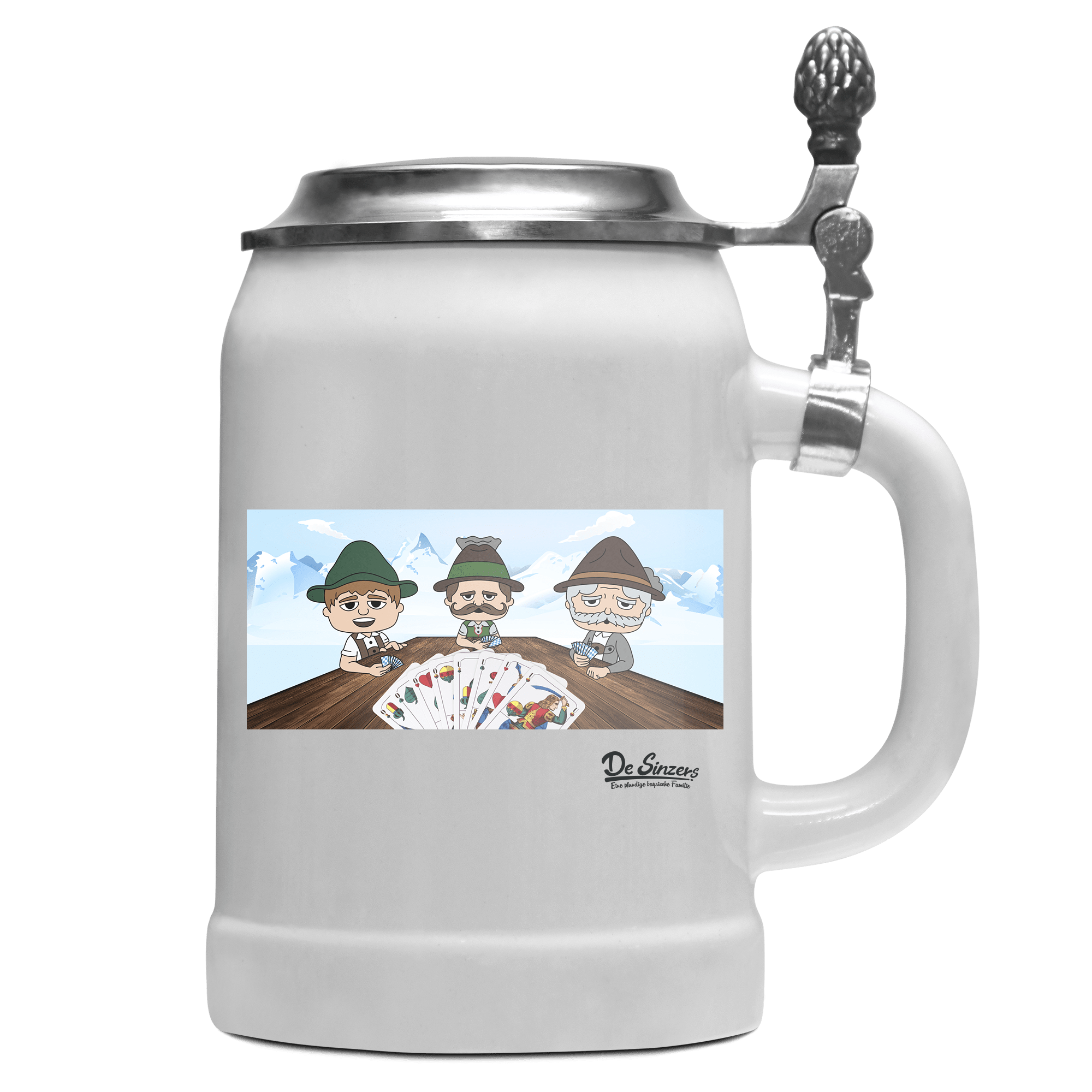 De Sinzers Weiber Schafkopfspiel Bierkrug 500ml Weiss mit Deckel Wetterspitzen Front