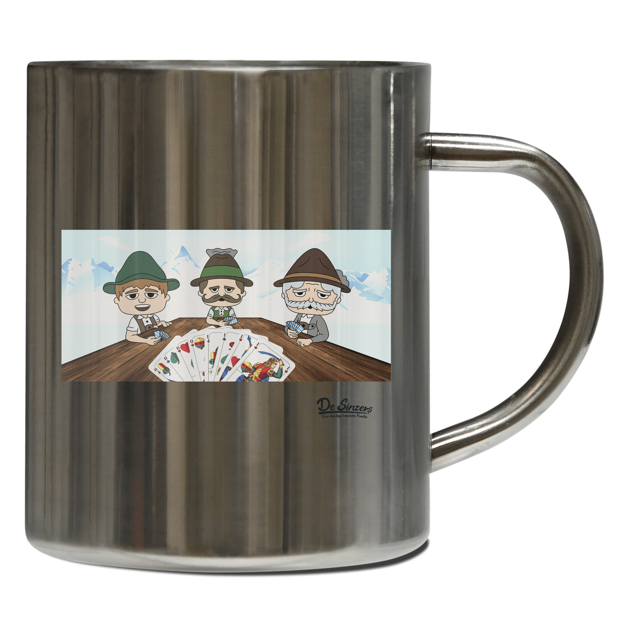 De Sinzers Weiber Schafkopfspiel Edelstahl Kaffeetasse 400ml Grosser Arber Front