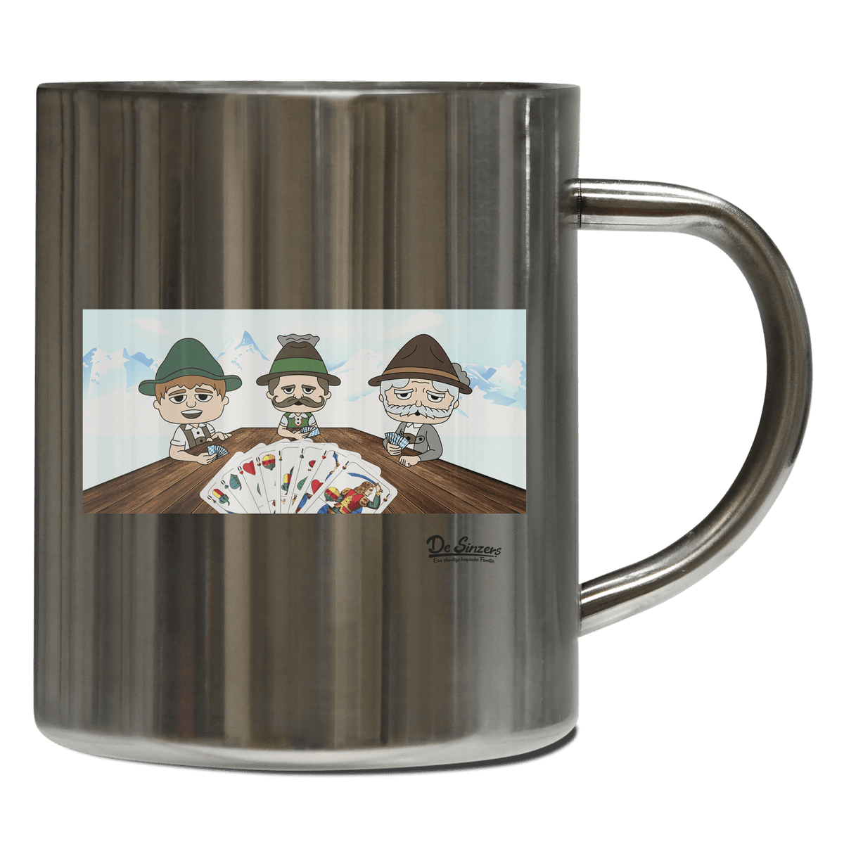 De Sinzers Weiber Schafkopfspiel Edelstahl Kaffeetasse 400ml Grosser Arber Front