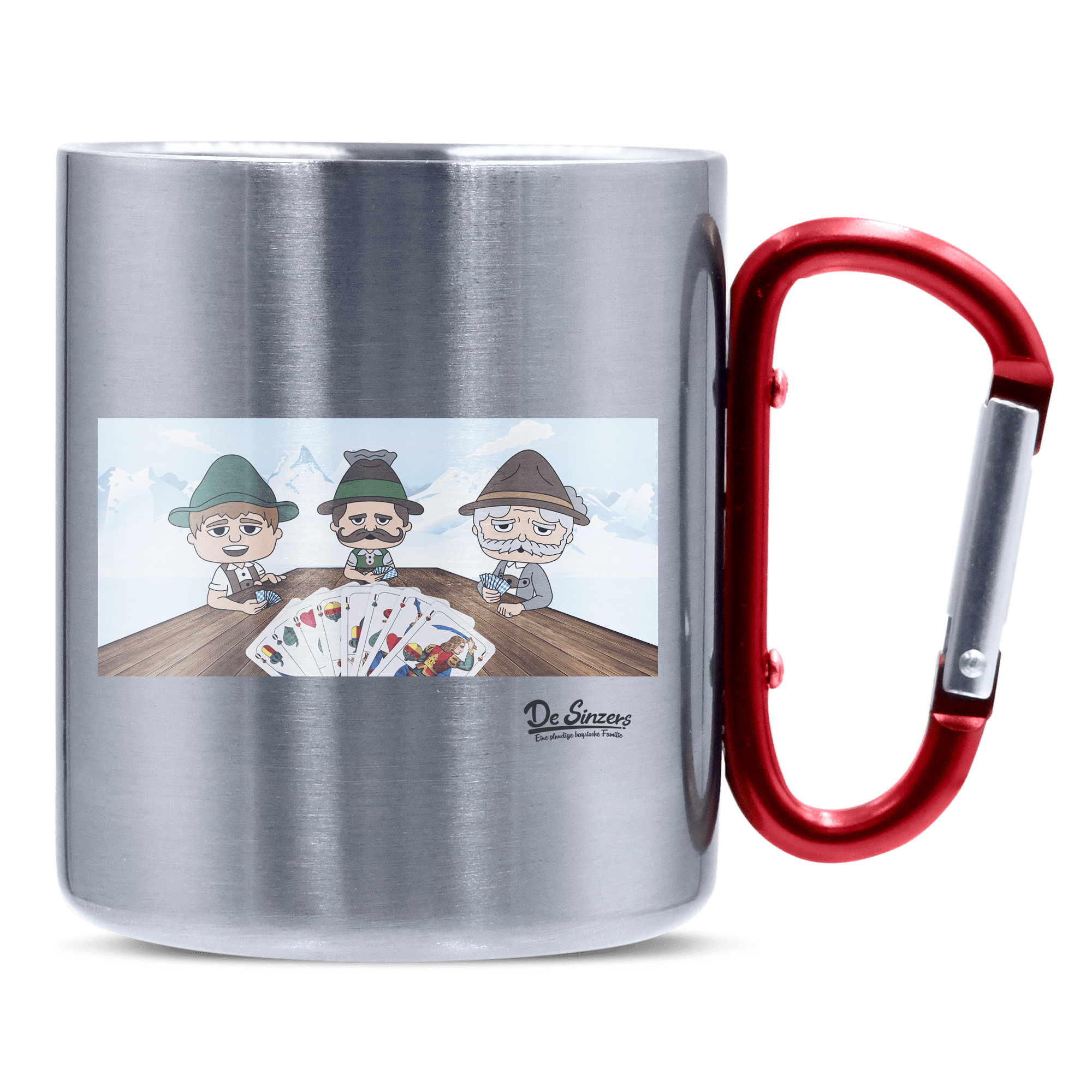 De Sinzers Weiber Schafkopfspiel Edelstahl Kaffeetasse roter Karabiner 320ml Kitzstein Front