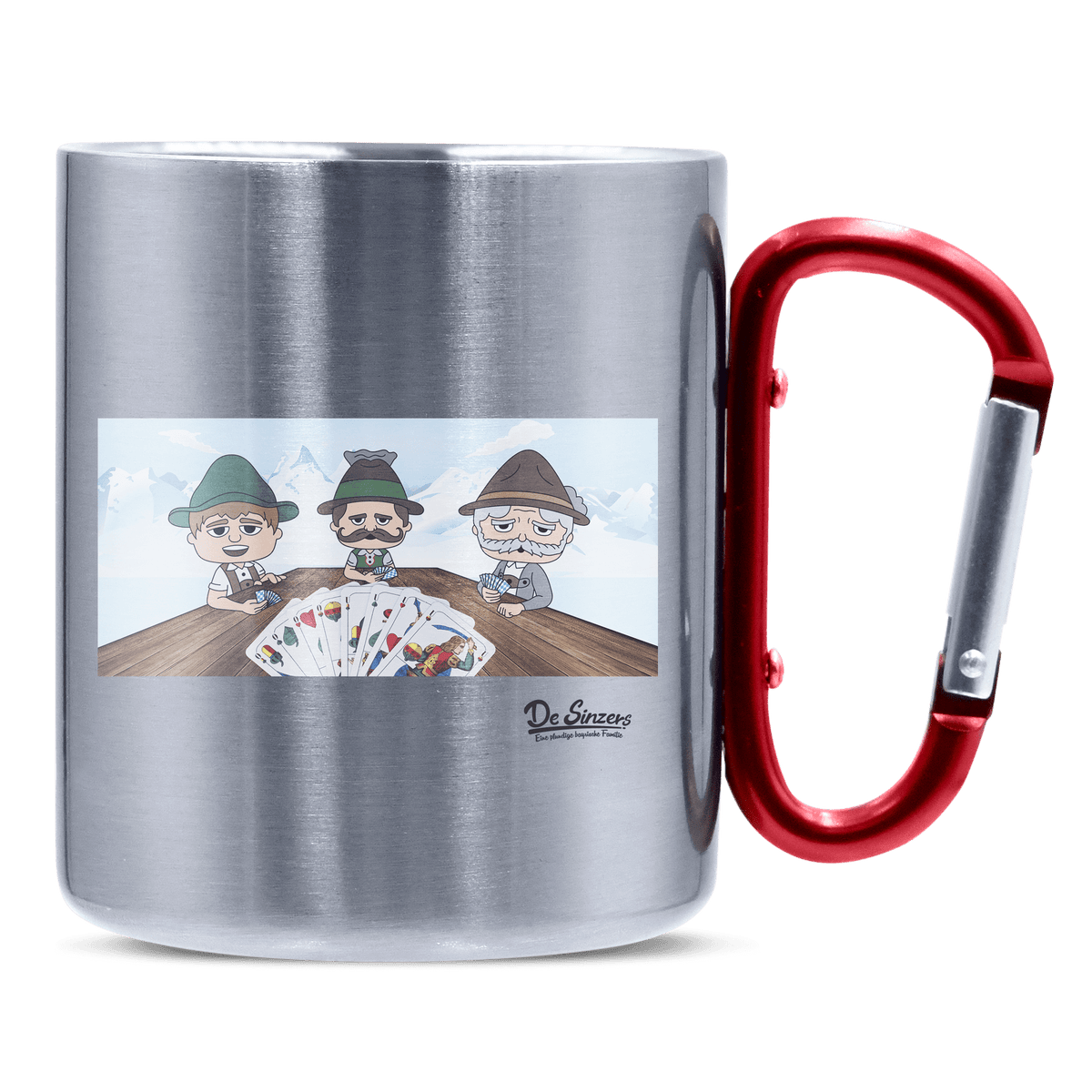 De Sinzers Weiber Schafkopfspiel Edelstahl Kaffeetasse roter Karabiner 320ml Kitzstein Front