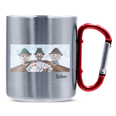 De Sinzers Weiber Schafkopfspiel Edelstahl Kaffeetasse roter Karabiner 320ml Kitzstein Front