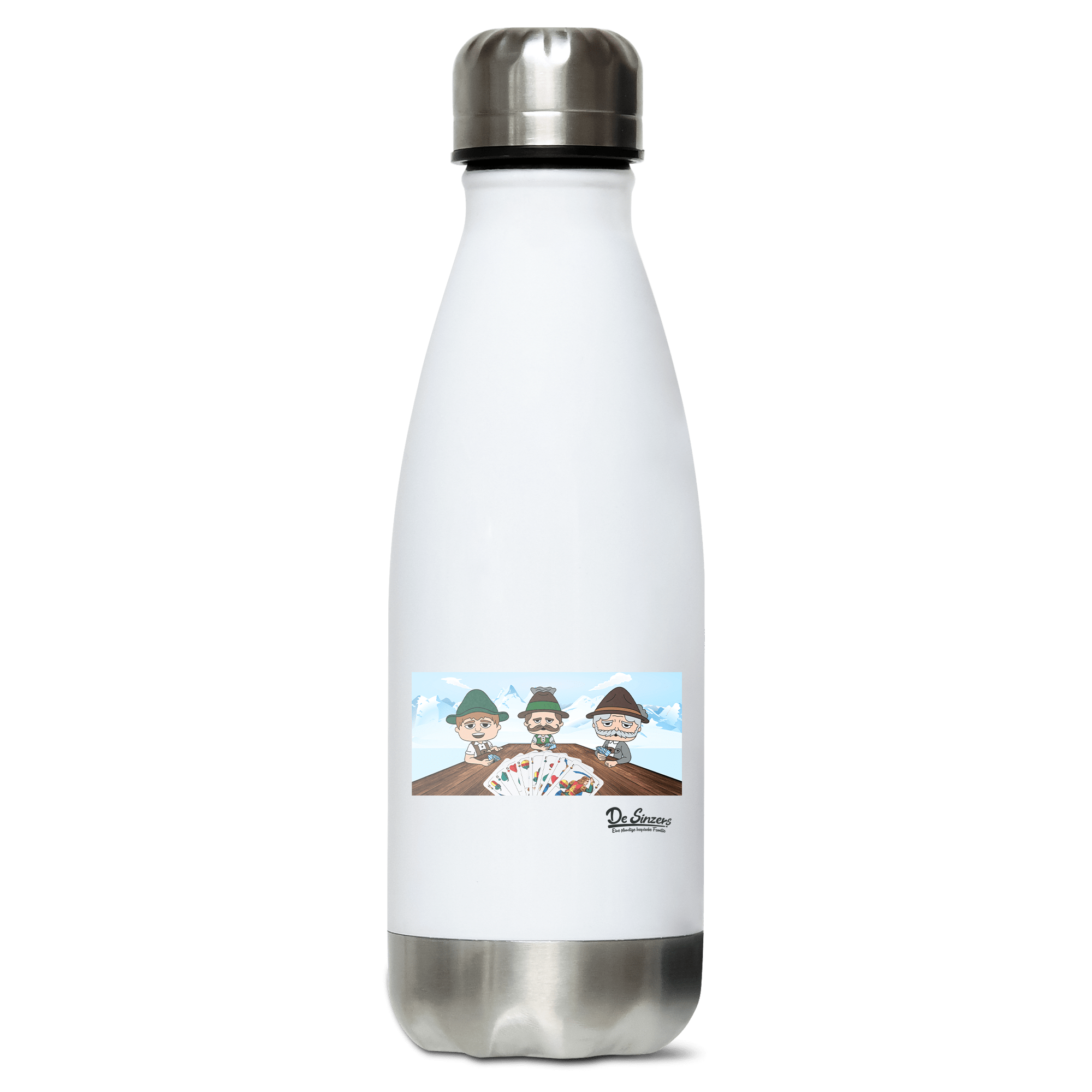 De Sinzers Weiber Schafkopfspiel Edelstahl Thermoflasche 350ml Weiss Silber Kreuzspitze Front