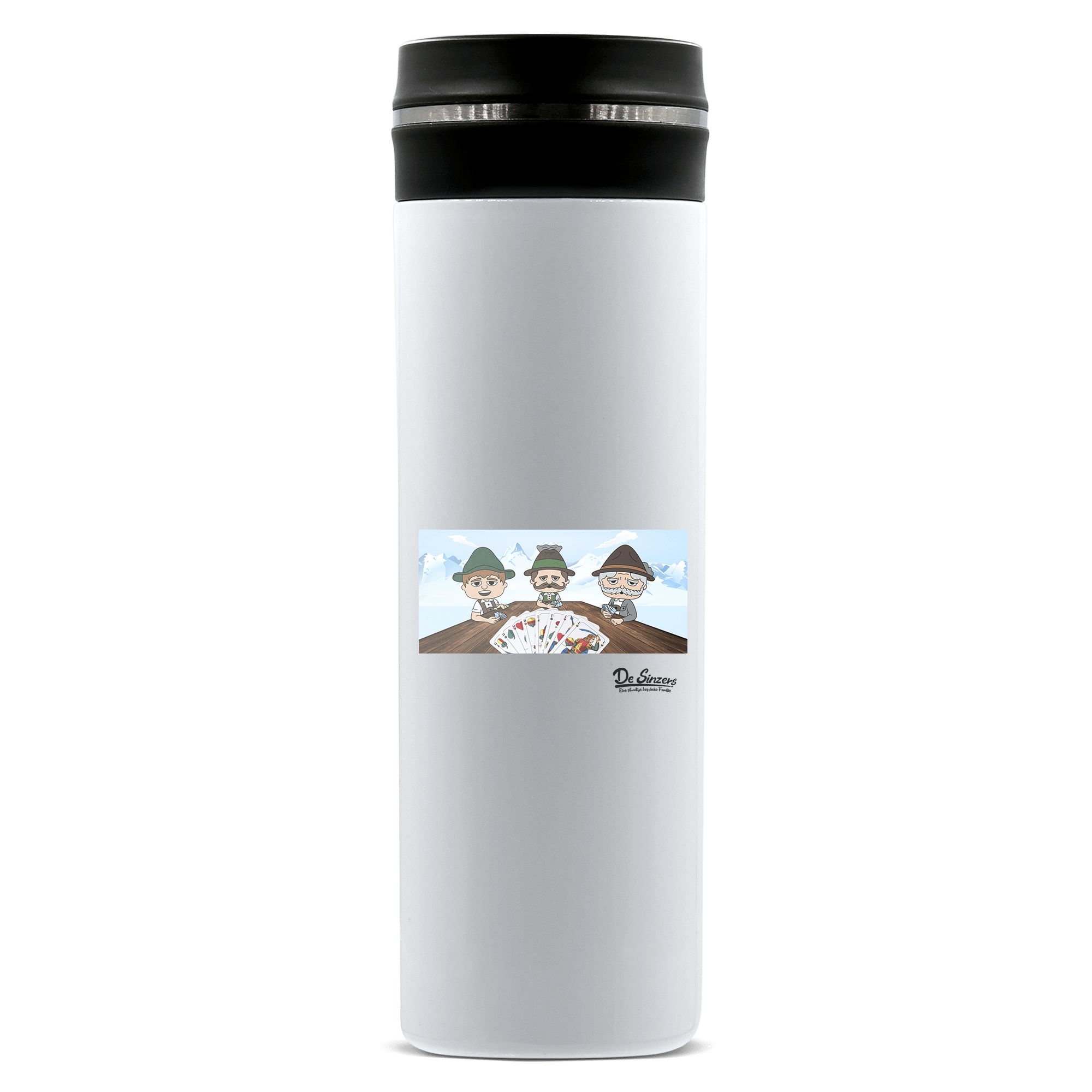 De Sinzers Weiber Schafkopfspiel Edelstahl Thermoflasche 450ml Weiss Geigelstein Front