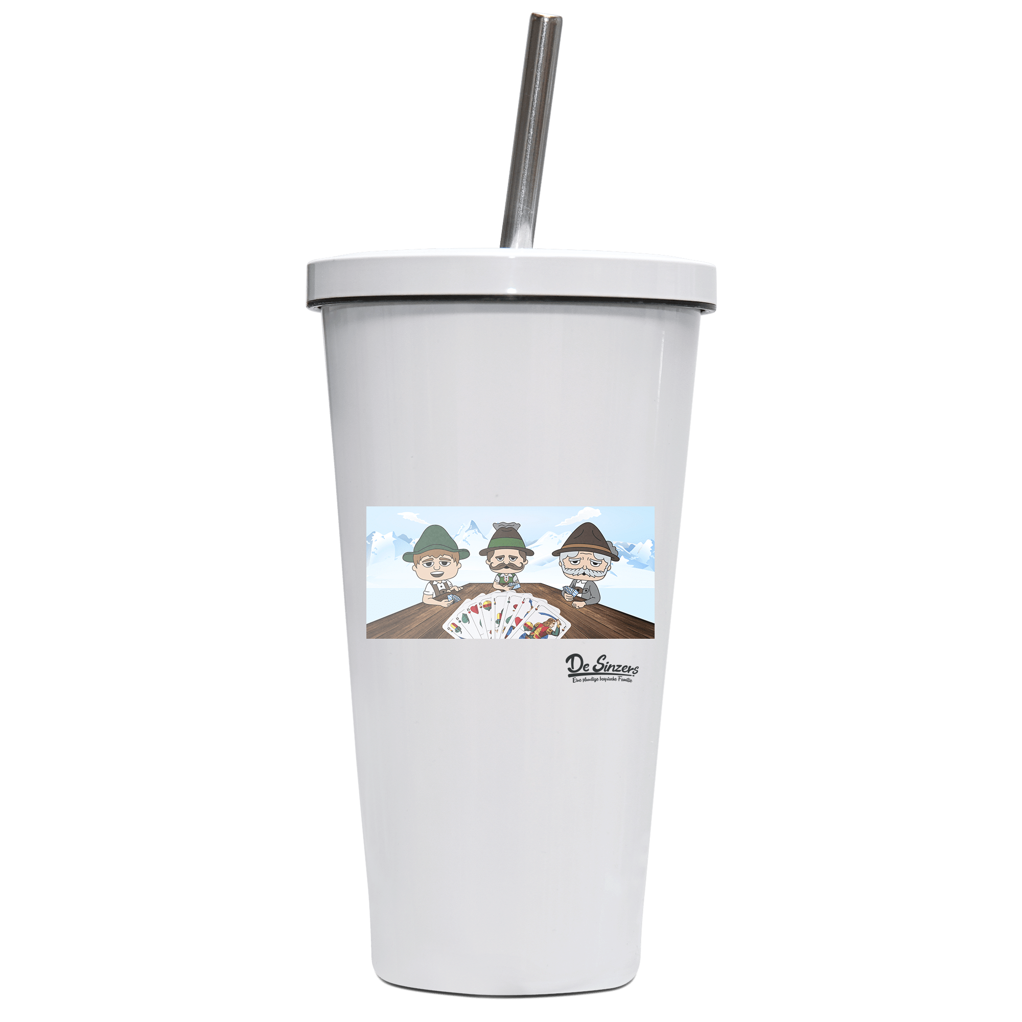 De Sinzers Weiber Schafkopfspiel Edelstahl Trinkbecher mit Strohhalm 480ml Weiss Krottenkopf Front