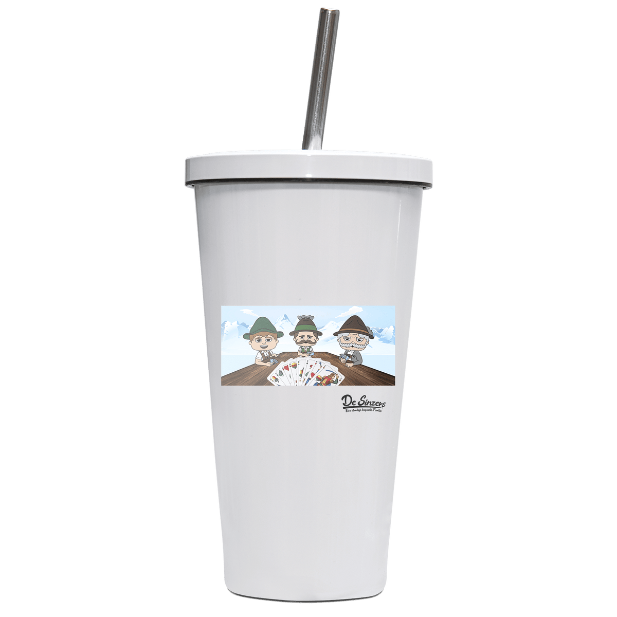De Sinzers Weiber Schafkopfspiel Edelstahl Trinkbecher mit Strohhalm 480ml Weiss Krottenkopf Front