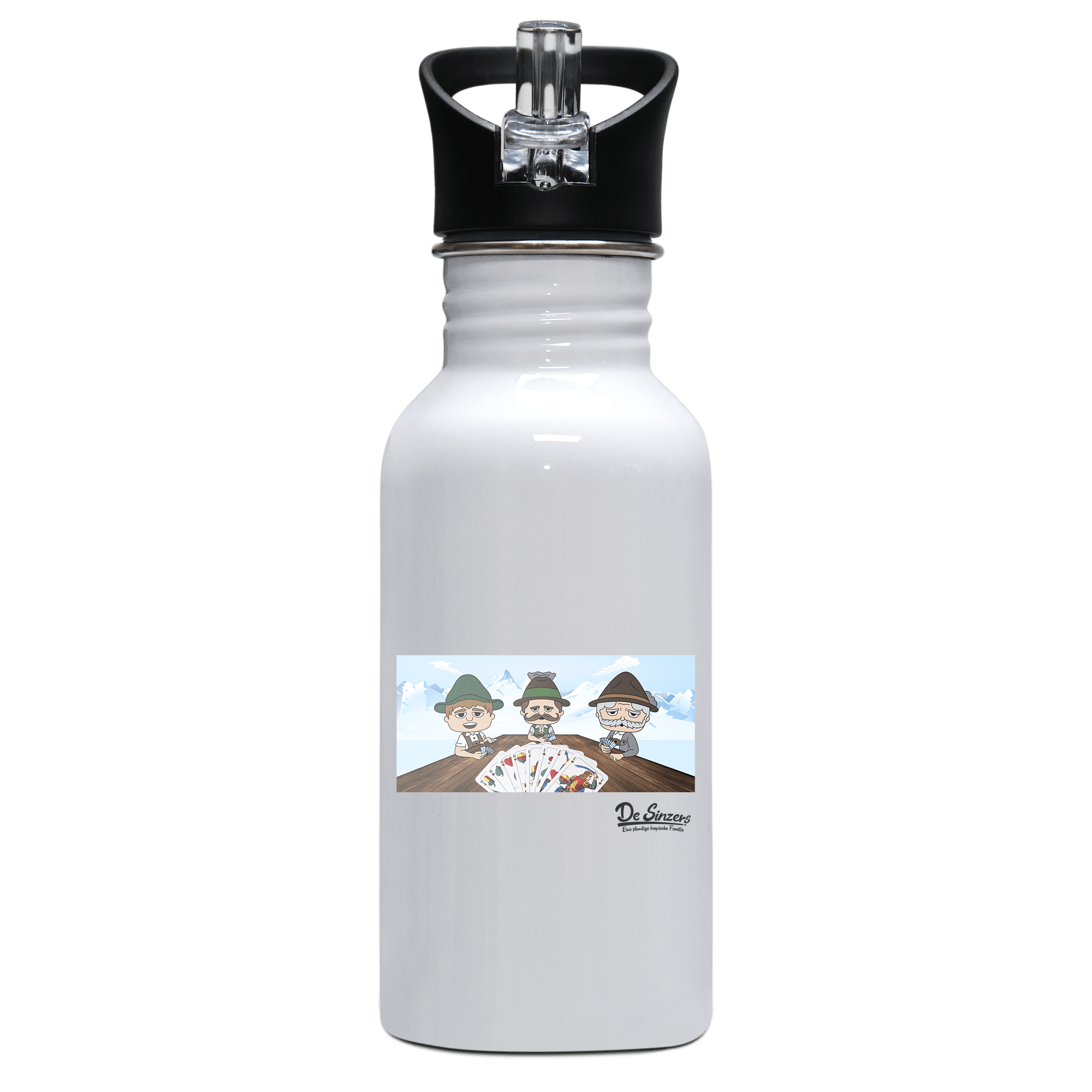 De Sinzers Weiber Schafkopfspiel Edelstahl Trinkflasche mit klappbarem Mundstueck 500ml Weiss Rotwand Front