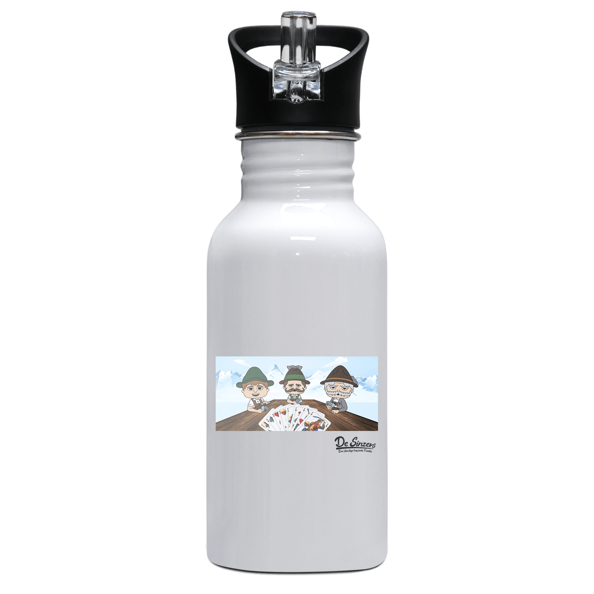 De Sinzers Weiber Schafkopfspiel Edelstahl Trinkflasche mit klappbarem Mundstueck 500ml Weiss Rotwand Front