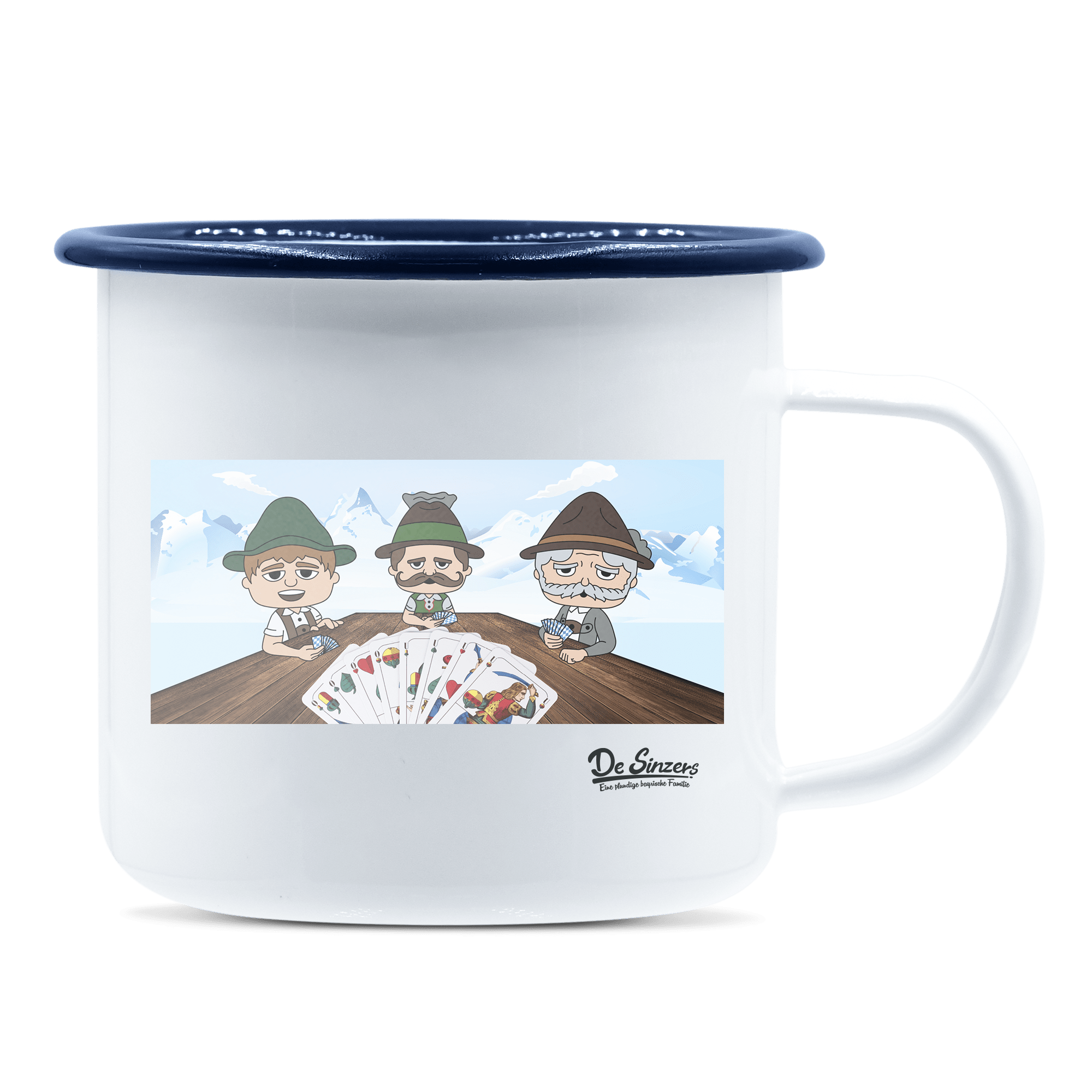 De Sinzers Weiber Schafkopfspiel Emaille Tasse 375ml Weiss Blau Heuberg Front