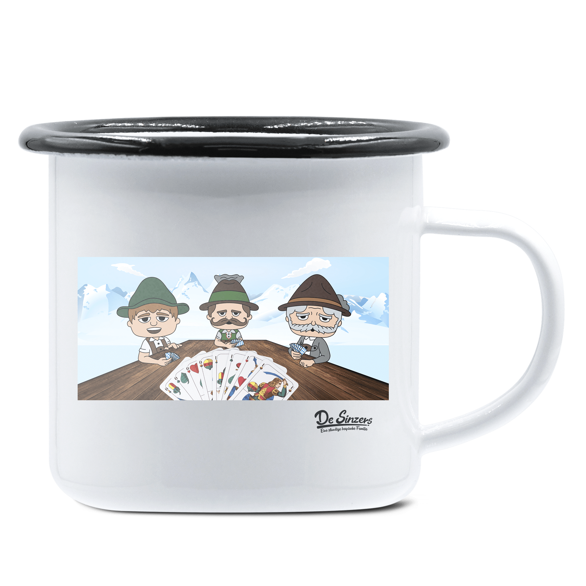 De Sinzers Weiber Schafkopfspiel Emaille Tasse 375ml Weiss Schwarz Hochries Front