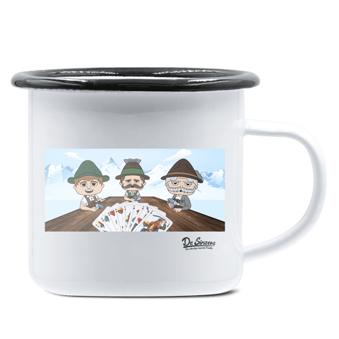 De Sinzers Weiber Schafkopfspiel Emaille Tasse 375ml Weiss Schwarz Hochries Front