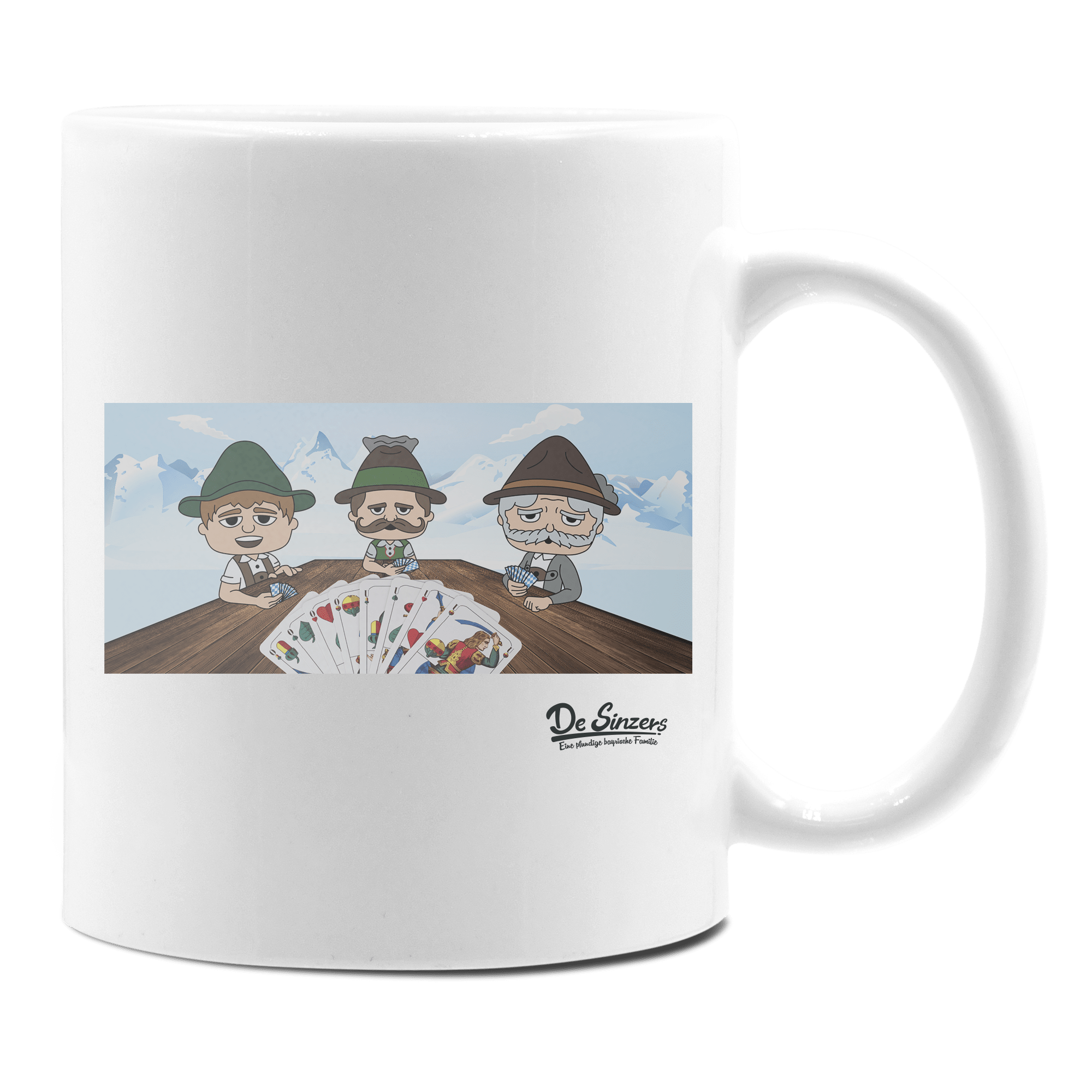 De Sinzers Weiber Schafkopfspiel Keramik Kaffeetasse 330ml Weiss Rampoldplatte Front