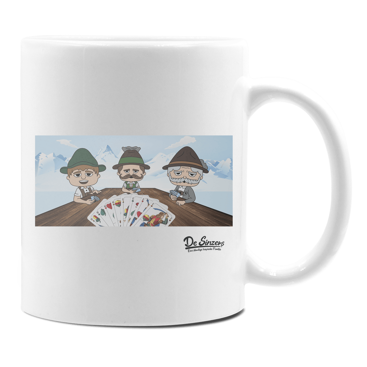 De Sinzers Weiber Schafkopfspiel Keramik Kaffeetasse 330ml Weiss Rampoldplatte Front