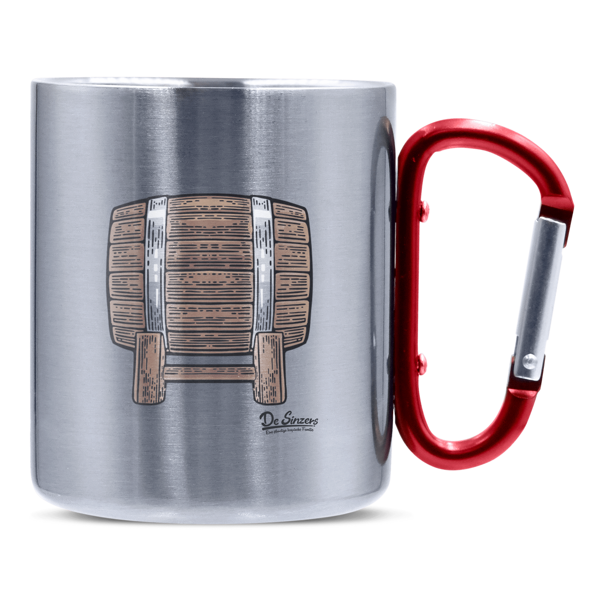 Die Elemente Bierfass Edelstahl Kaffeetasse roter Karabiner 320ml Kitzstein Front
