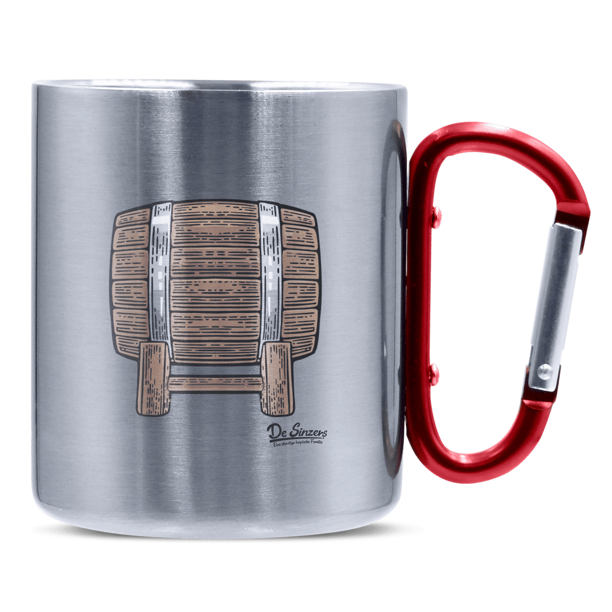 Die Elemente Bierfass Edelstahl Kaffeetasse roter Karabiner 320ml Kitzstein Front