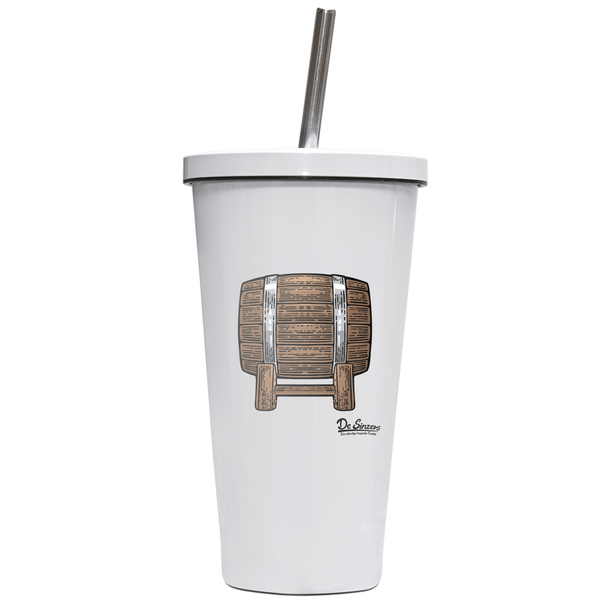 Die Elemente Bierfass Edelstahl Trinkbecher mit Strohhalm 480ml Weiss Krottenkopf Front