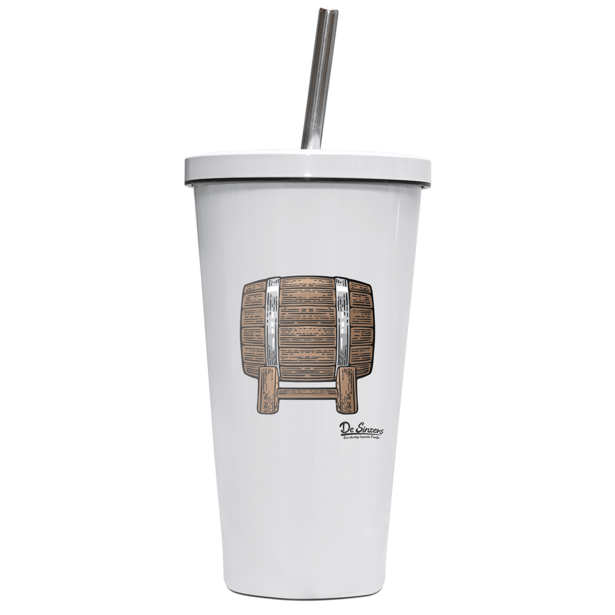 Die Elemente Bierfass Edelstahl Trinkbecher mit Strohhalm 480ml Weiss Krottenkopf Front
