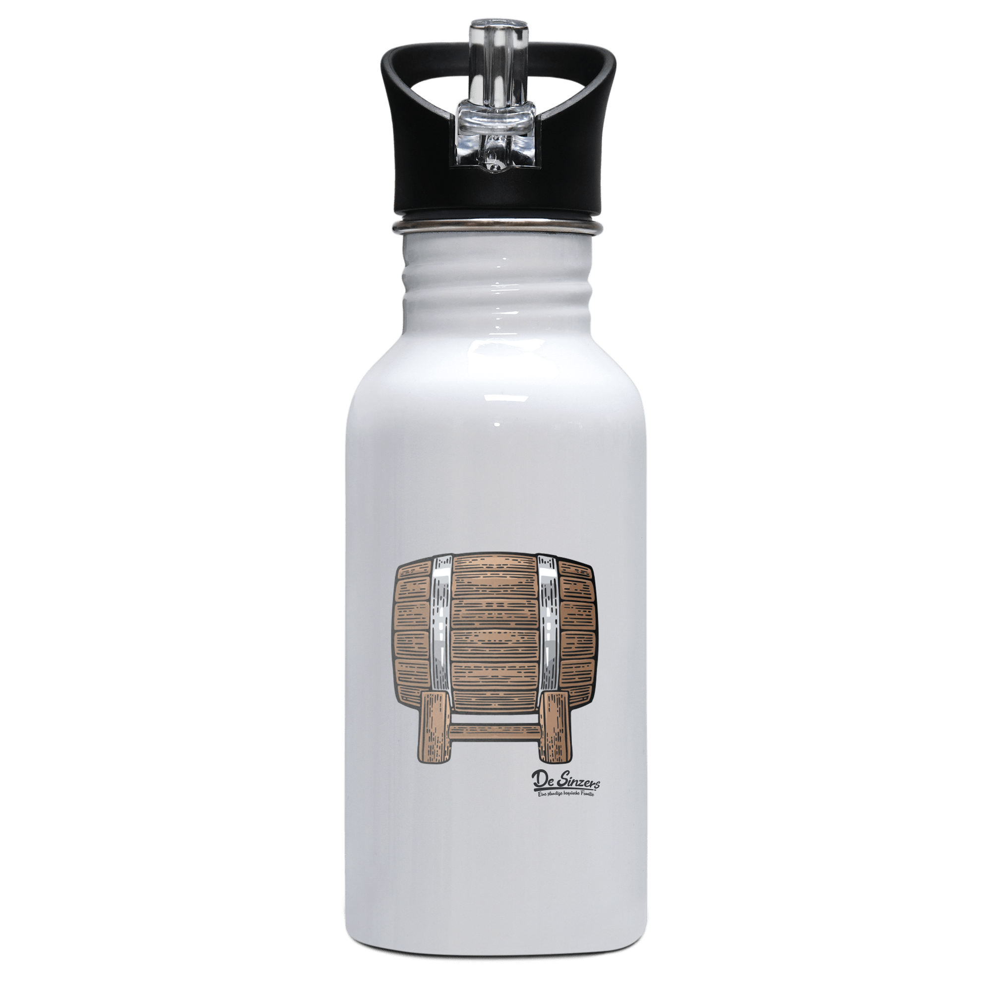 Die Elemente Bierfass Edelstahl Trinkflasche mit klappbarem Mundstueck 500ml Weiss Rotwand Front
