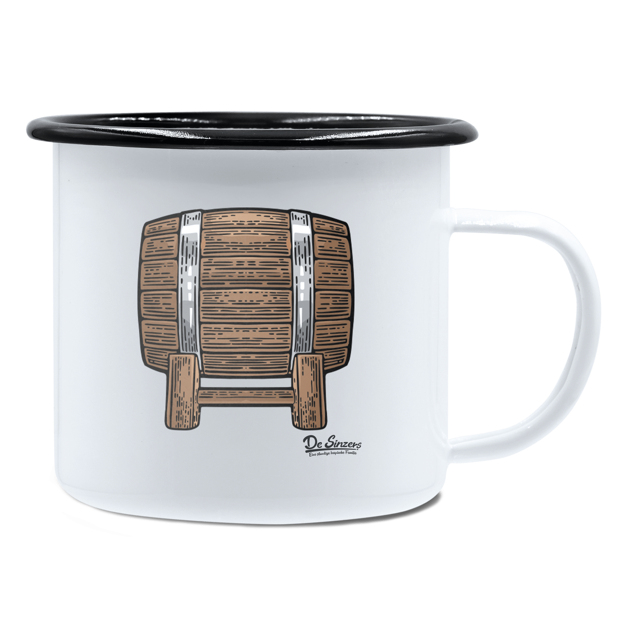 Die Elemente Bierfass Emaille Tasse 450ml Weiss Schwarz Spitzstein Front