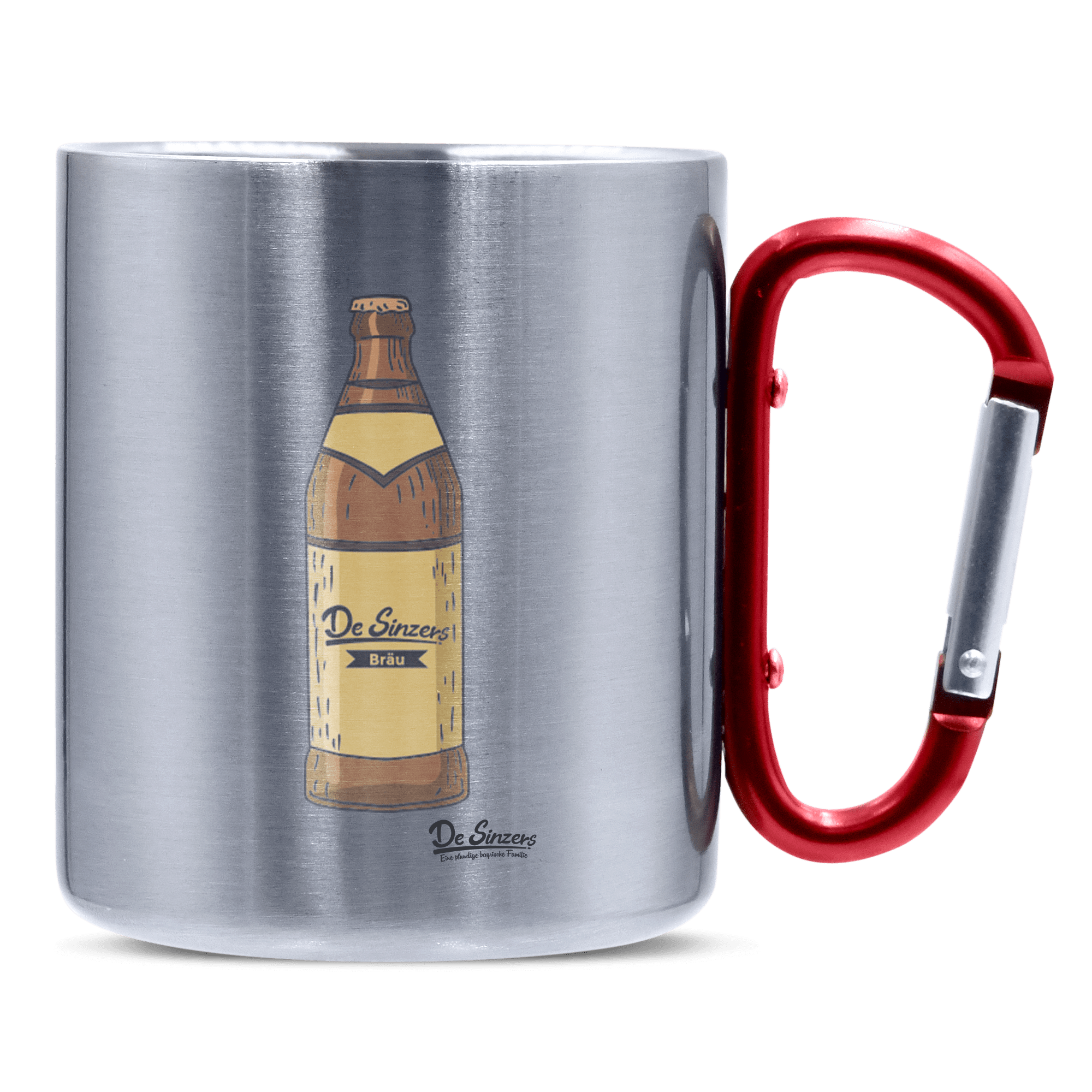 Die Elemente Bierflasche Edelstahl Kaffeetasse roter Karabiner 320ml Kitzstein Front