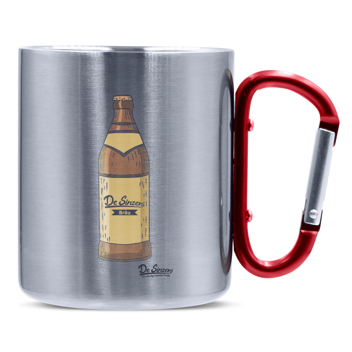 Die Elemente Bierflasche Edelstahl Kaffeetasse roter Karabiner 320ml Kitzstein Front