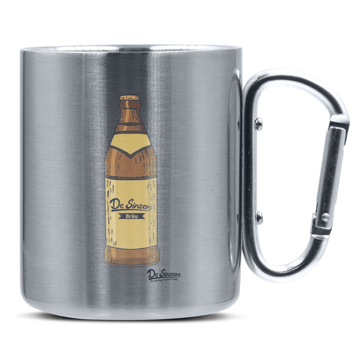Die Elemente Bierflasche Edelstahl Kaffeetasse silberer Karabiner 320ml Grosser Traithen Front