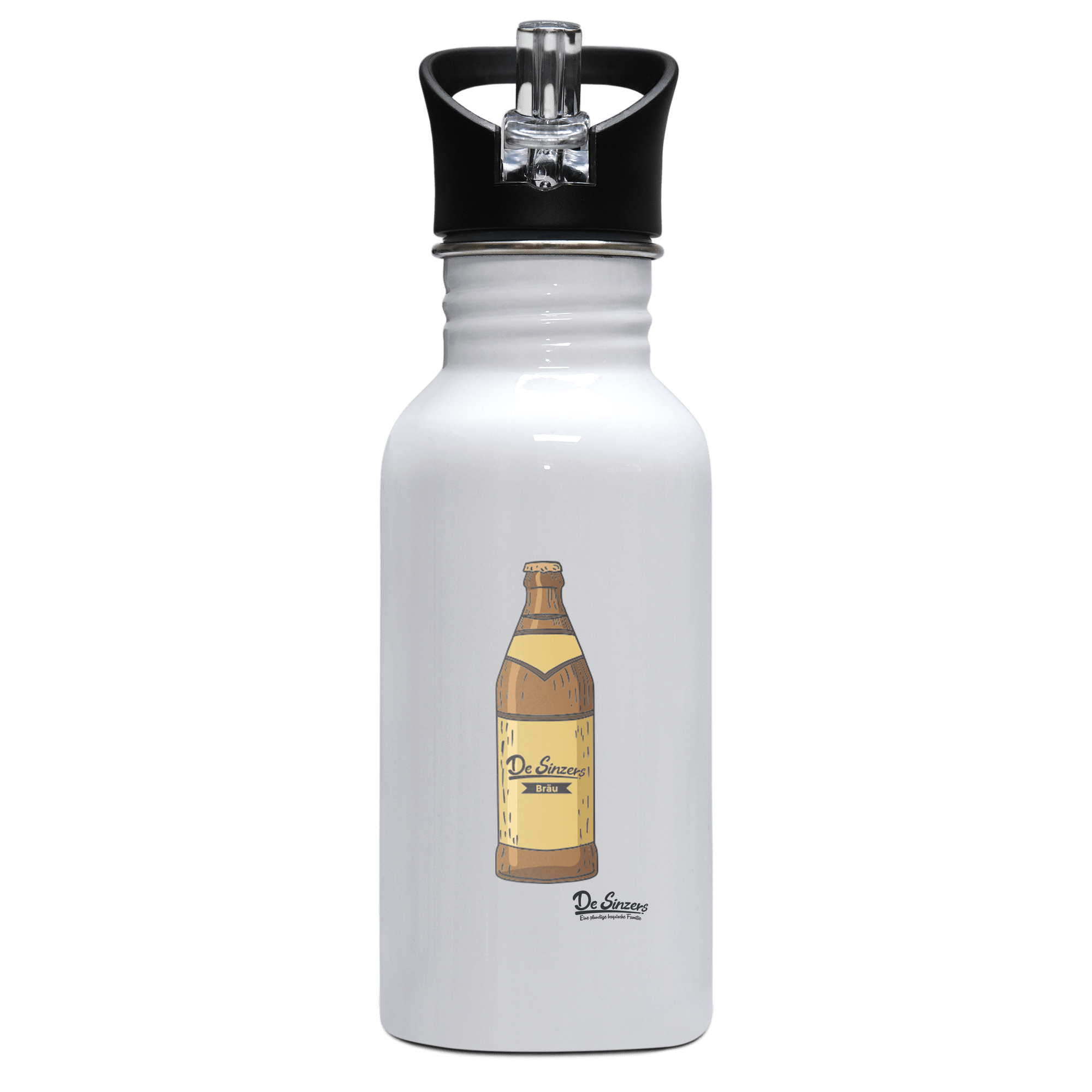 Die Elemente Bierflasche Edelstahl Trinkflasche mit klappbarem Mundstueck 500ml Weiss Rotwand Front