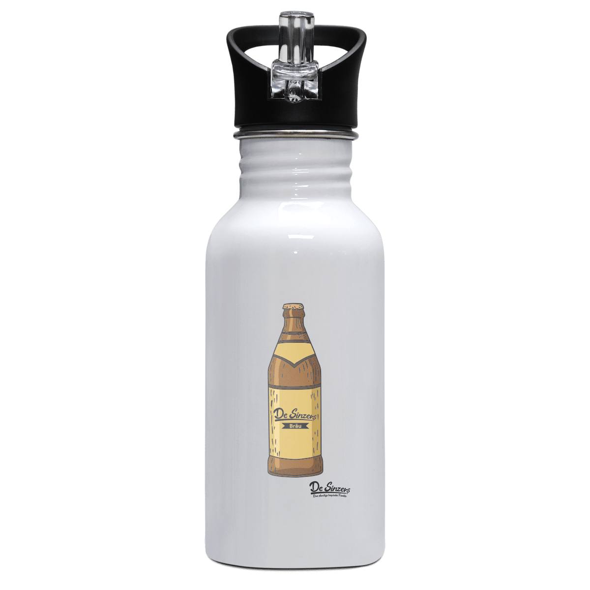Die Elemente Bierflasche Edelstahl Trinkflasche mit klappbarem Mundstueck 500ml Weiss Rotwand Front