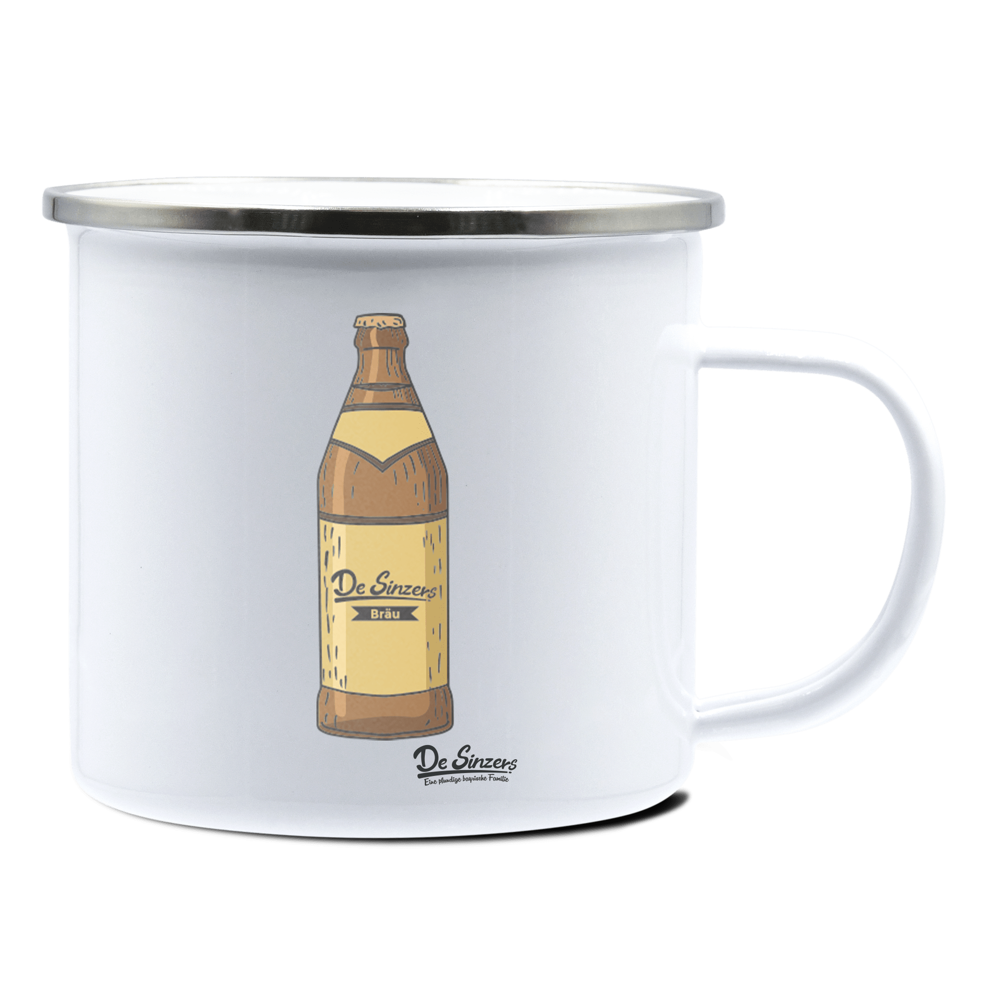 Die Elemente Bierflasche Emaille Tasse 375ml Weiss Silber Kampenwand Front